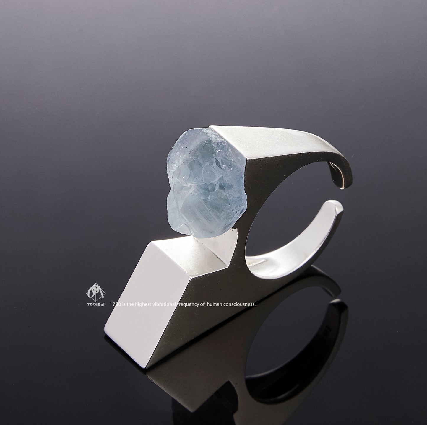 Silver Vertex ring with raw Kyanite crystal detail view by QiBai London