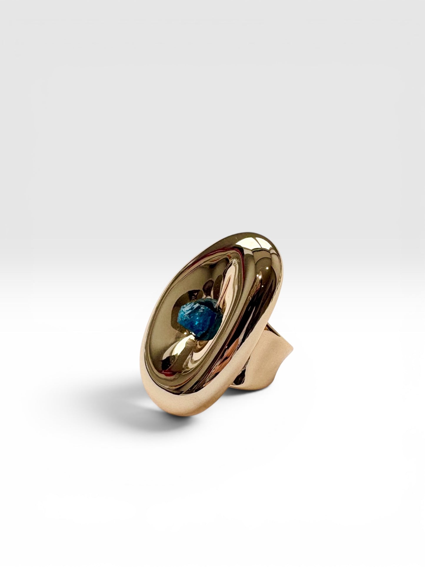 Gold Ovum ring with raw Blue Aragonite crystal by QiBai London