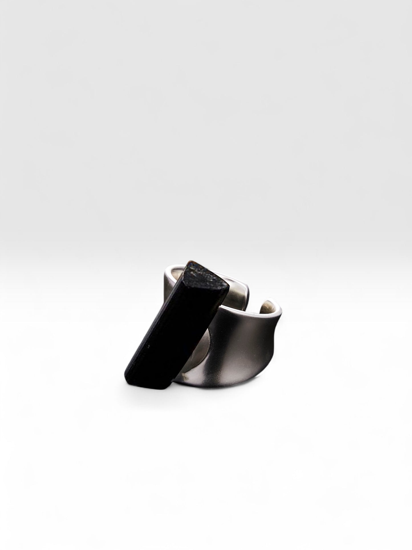 Silver Black Axis ring with raw Black Tourmaline front view by QiBai London