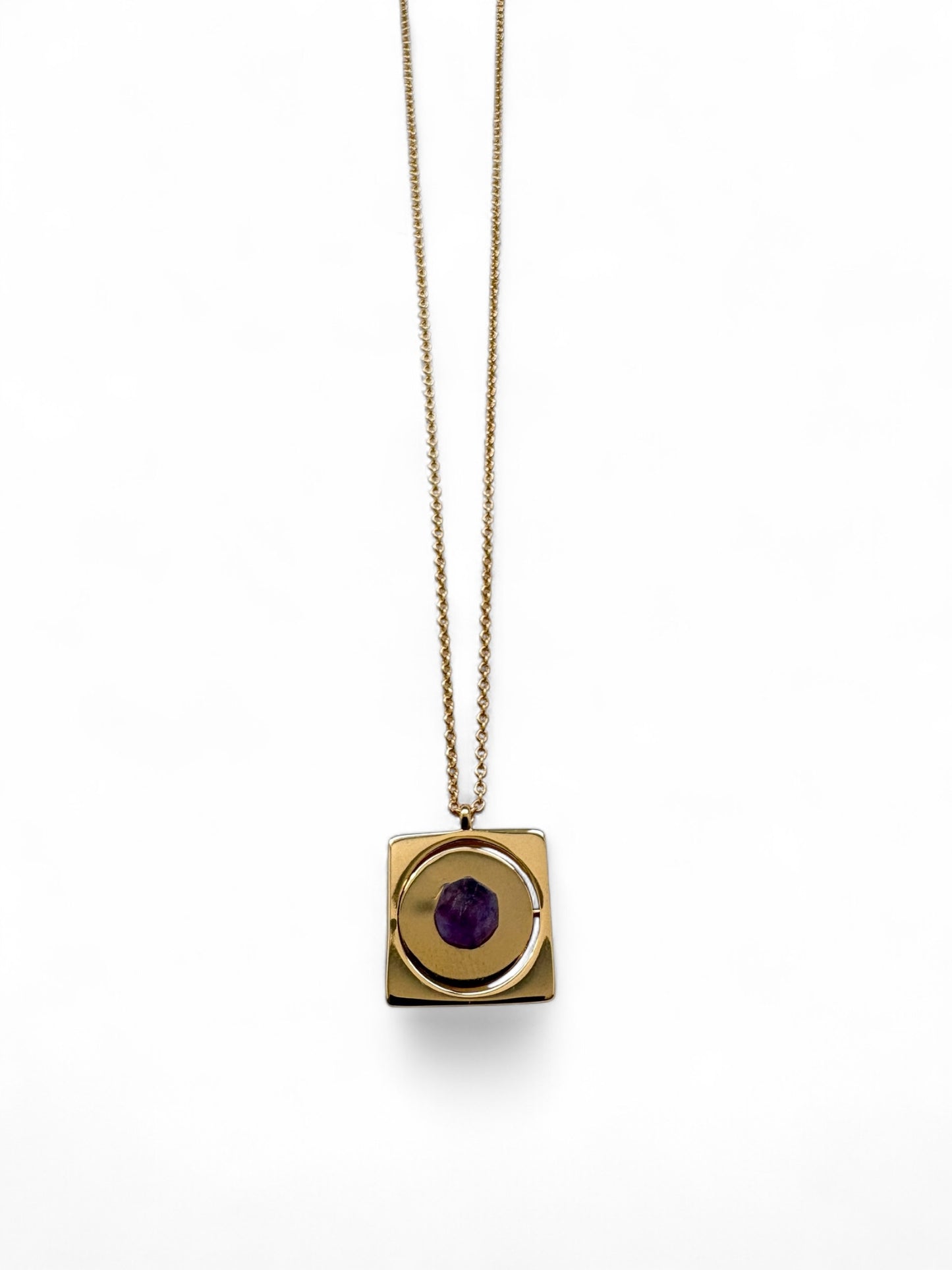 Gold Starrr necklace with raw Amethyst crystal detail view by QiBai London