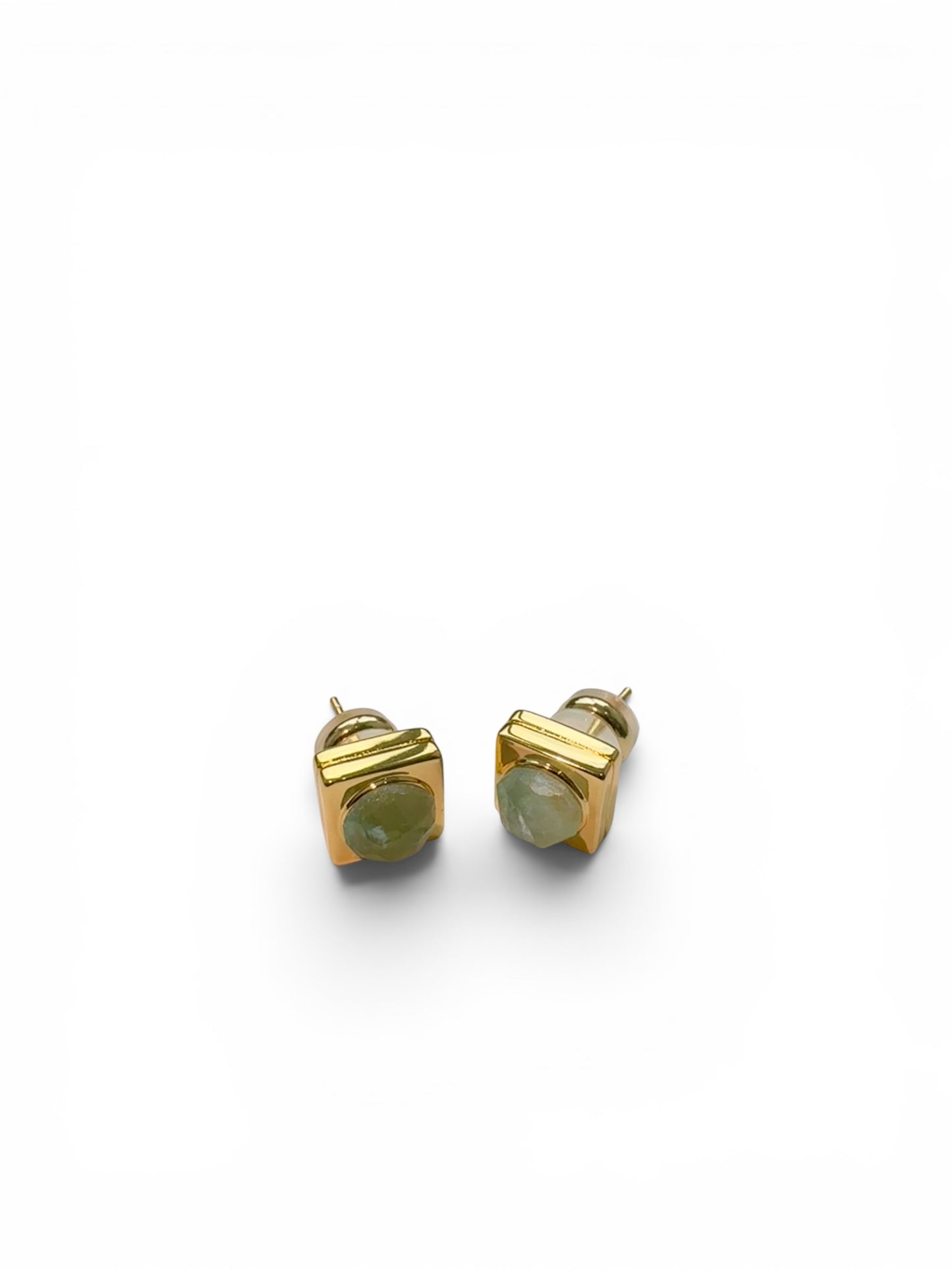 Gold cube stud earrings with raw Fluorite crystal detail view by QiBai London