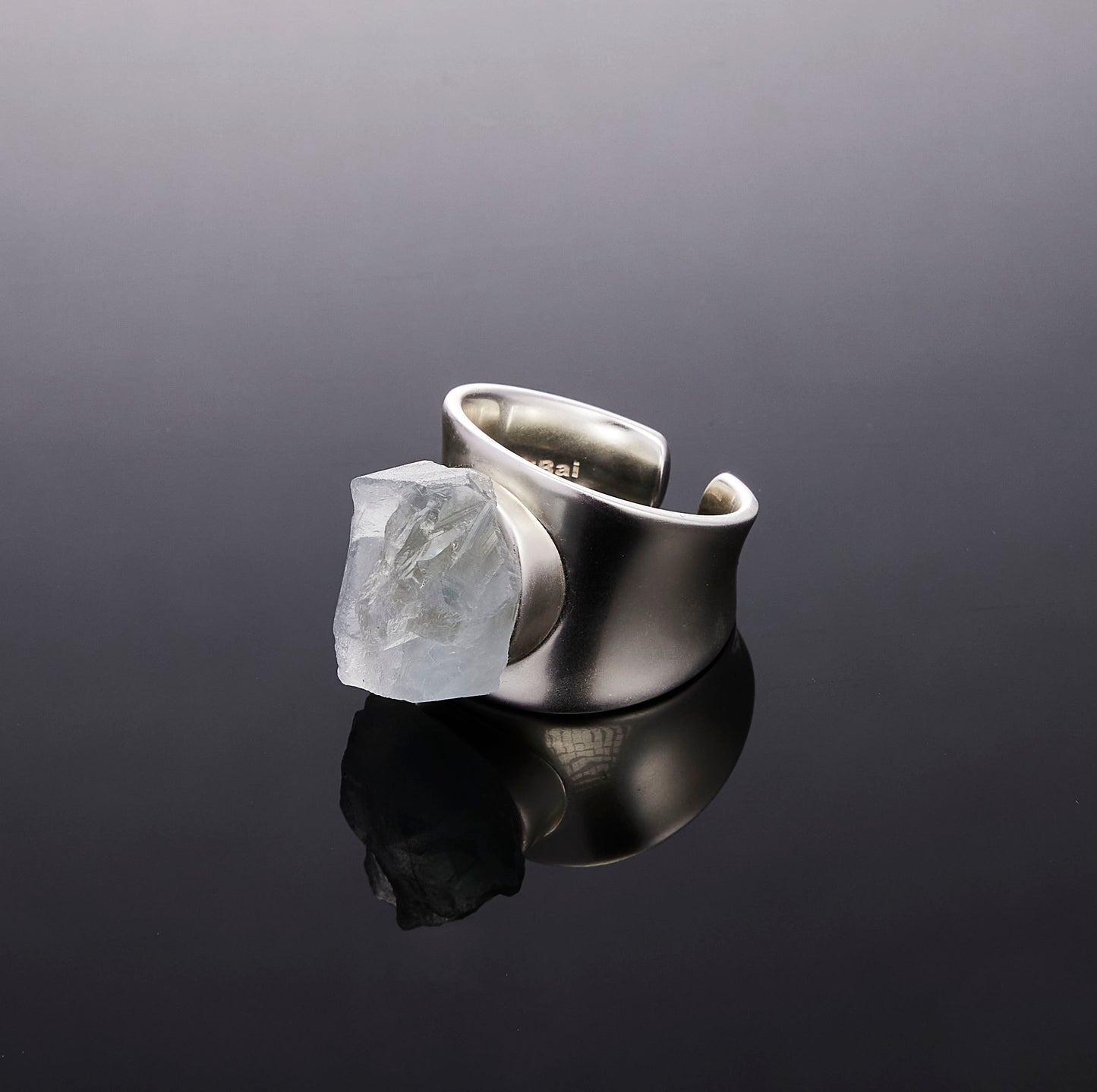 Silver Monolith ring with raw Kyanite crystal detail view by QiBai London