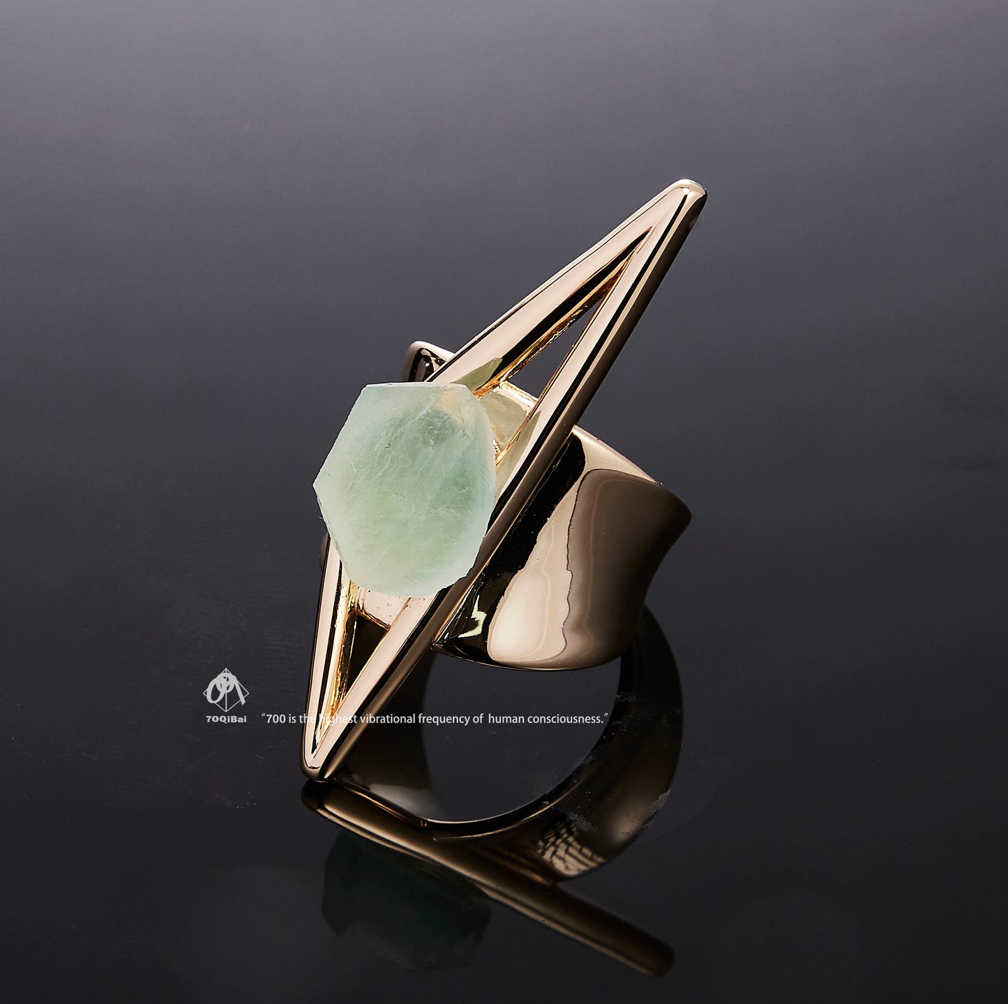 Gold Vector I ring with raw Fluorite crystal detail view by QiBai London