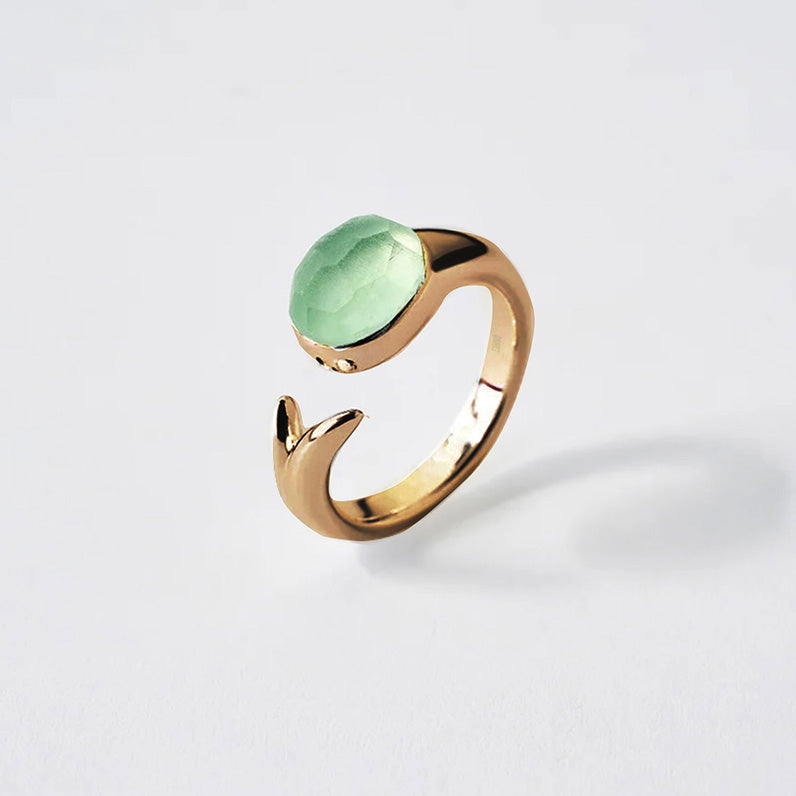 Gold Tulip jewelry with raw Fluorite crystal detail view by QiBai London