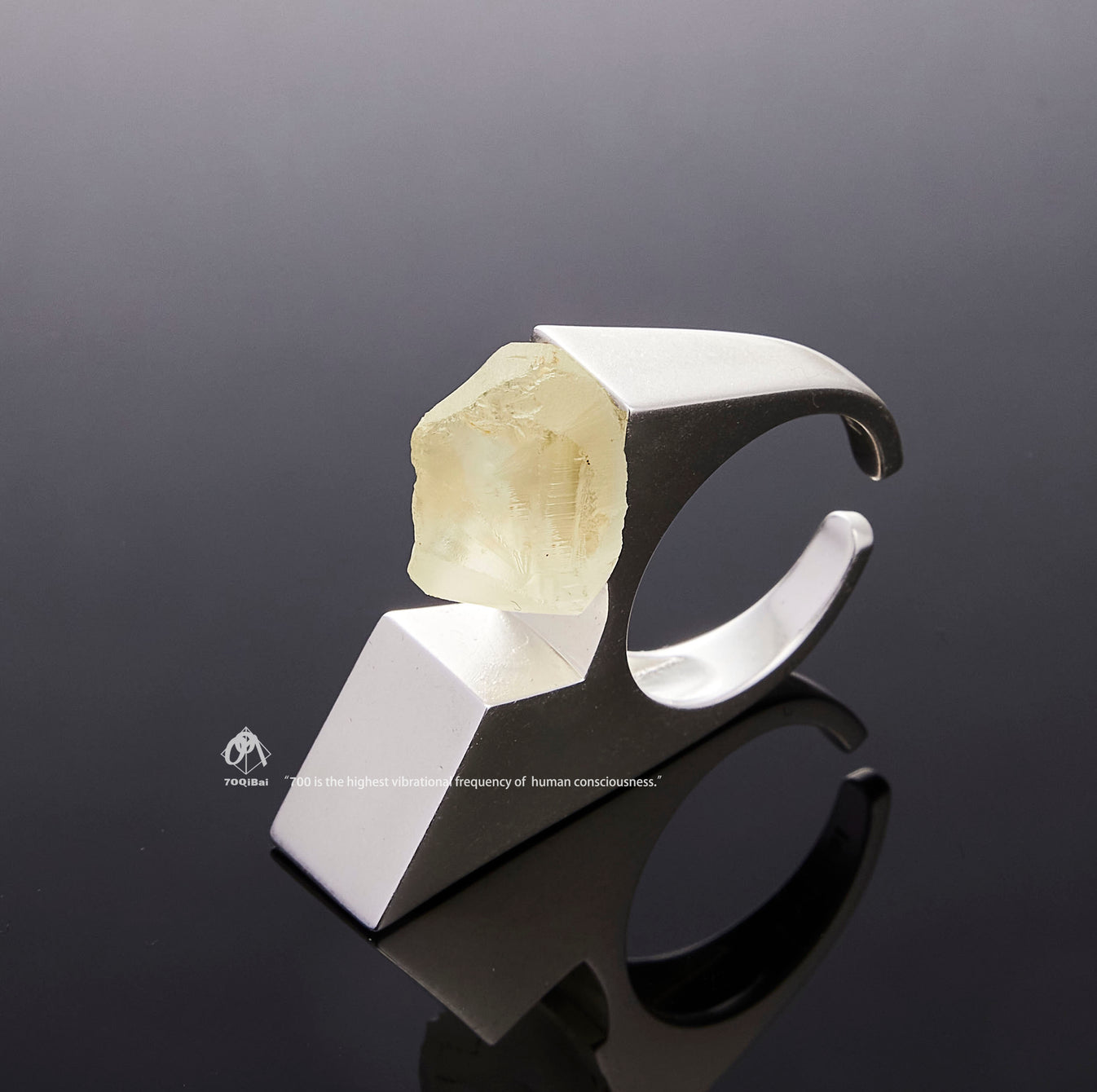 Silver Vertex ring with raw Citrine crystal detail view by QiBai London