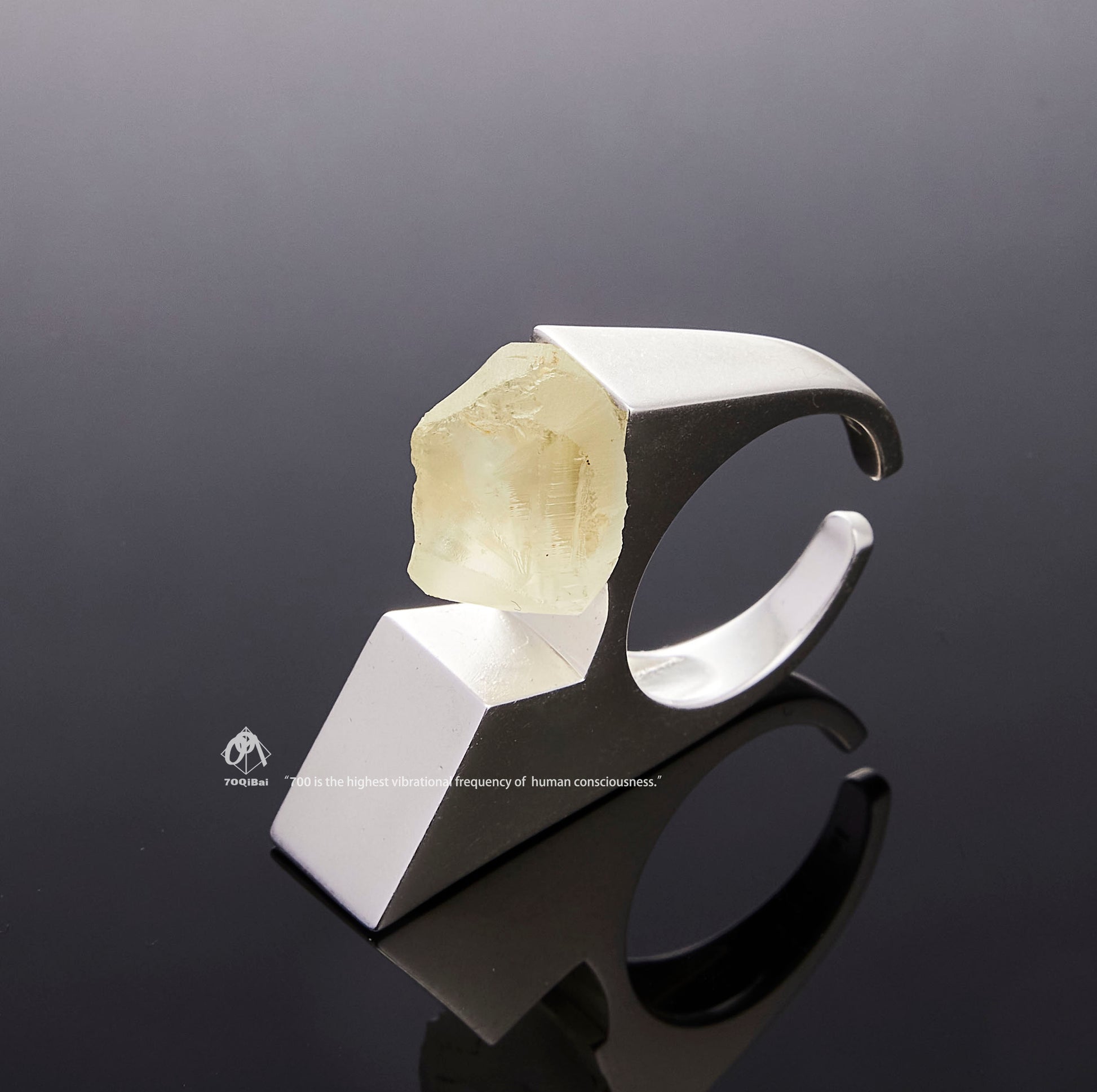 Silver Vertex ring with raw Citrine crystal detail view by QiBai London