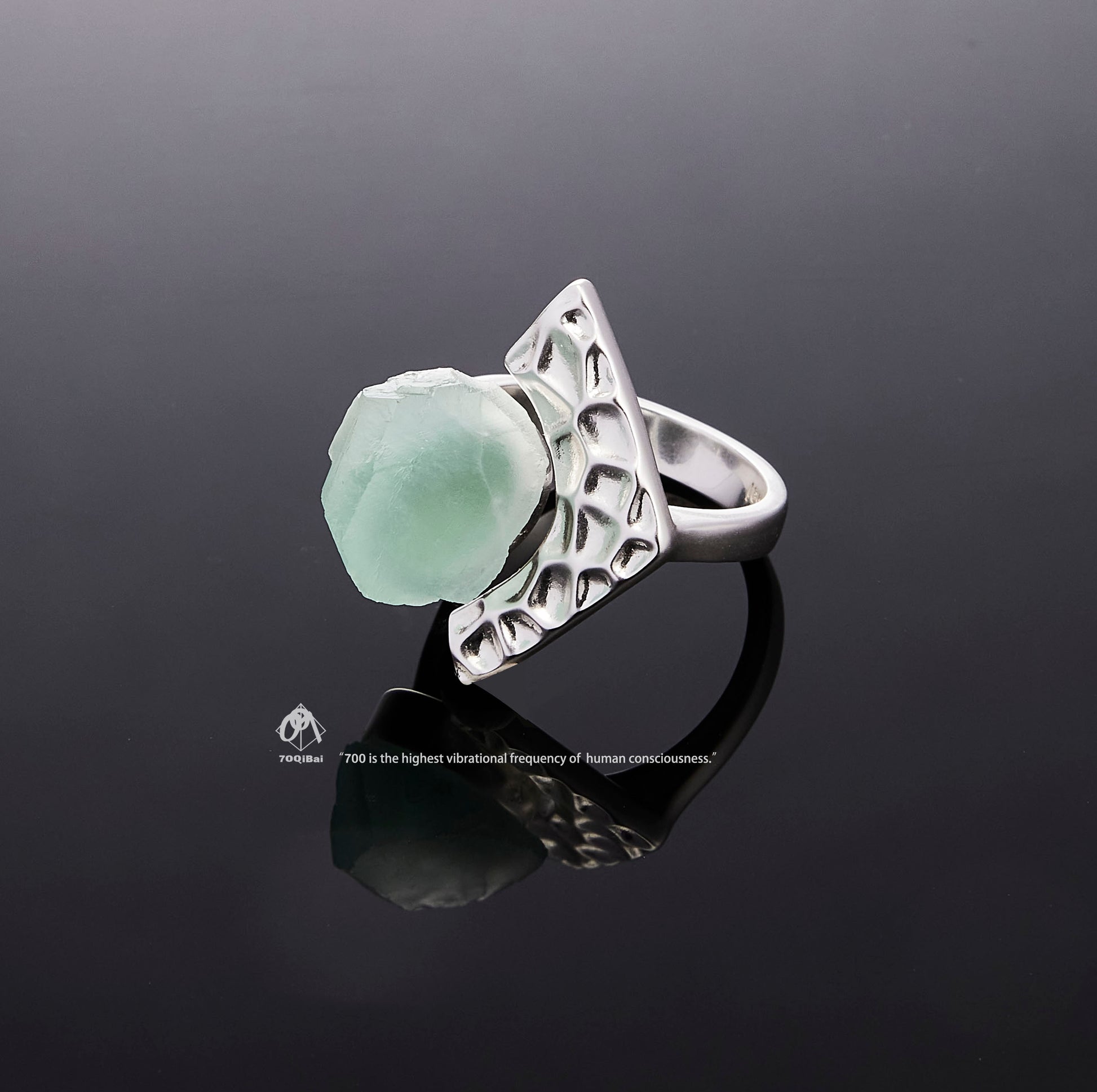 Silver Tectonic Bloom ring with raw Fluorite crystal detail view by QiBai London