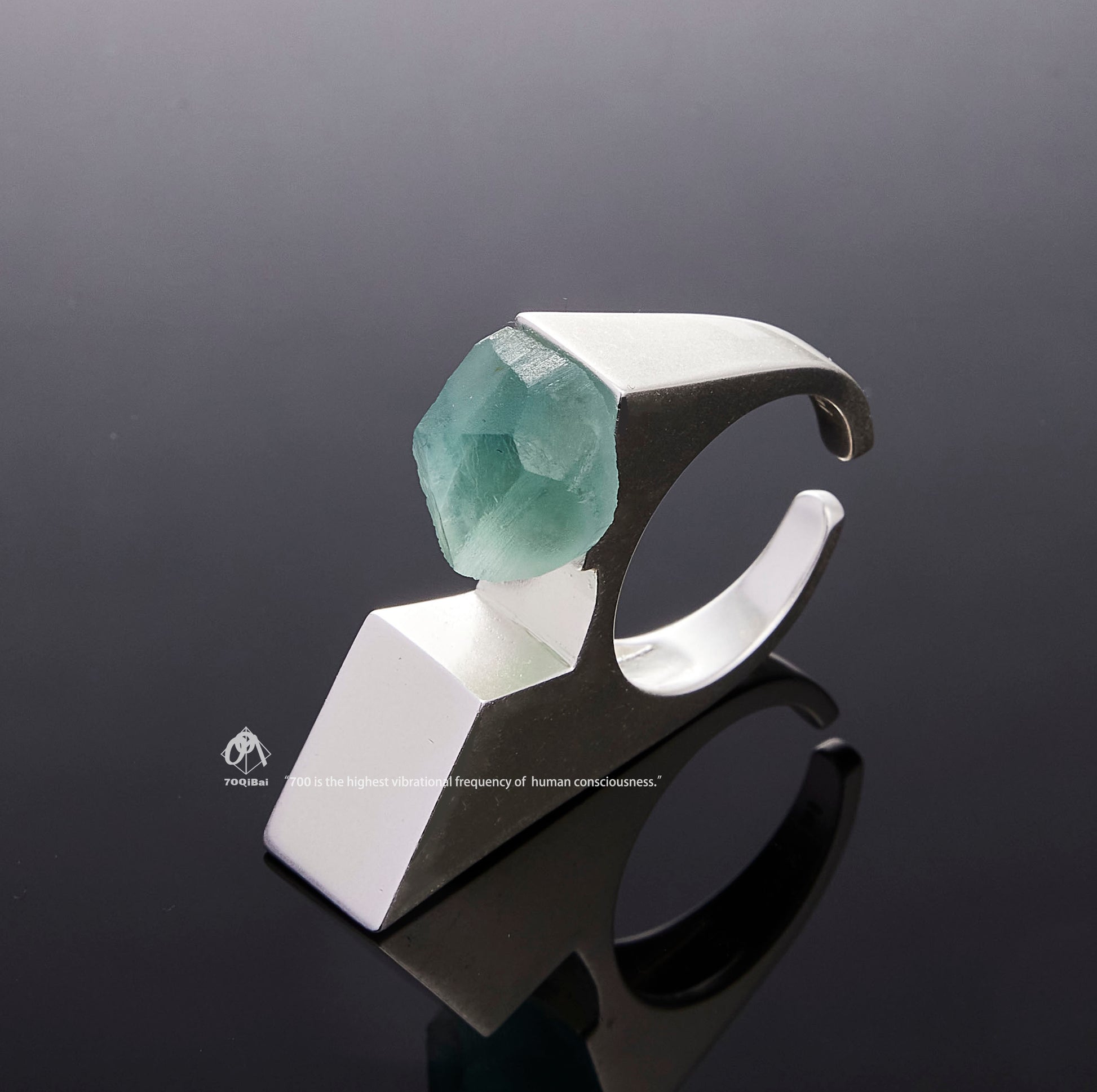 Silver Vertex ring with raw Fluorite crystal detail view by QiBai London