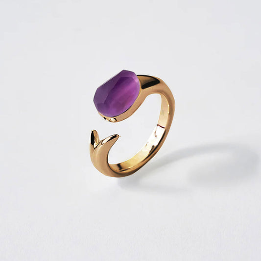 Gold Tulip jewelry with raw Amethyst crystal front view by QiBai London