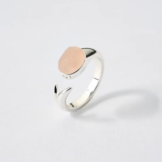 Silver Tulip jewelry with raw Rose Quartz crystal front view by QiBai London