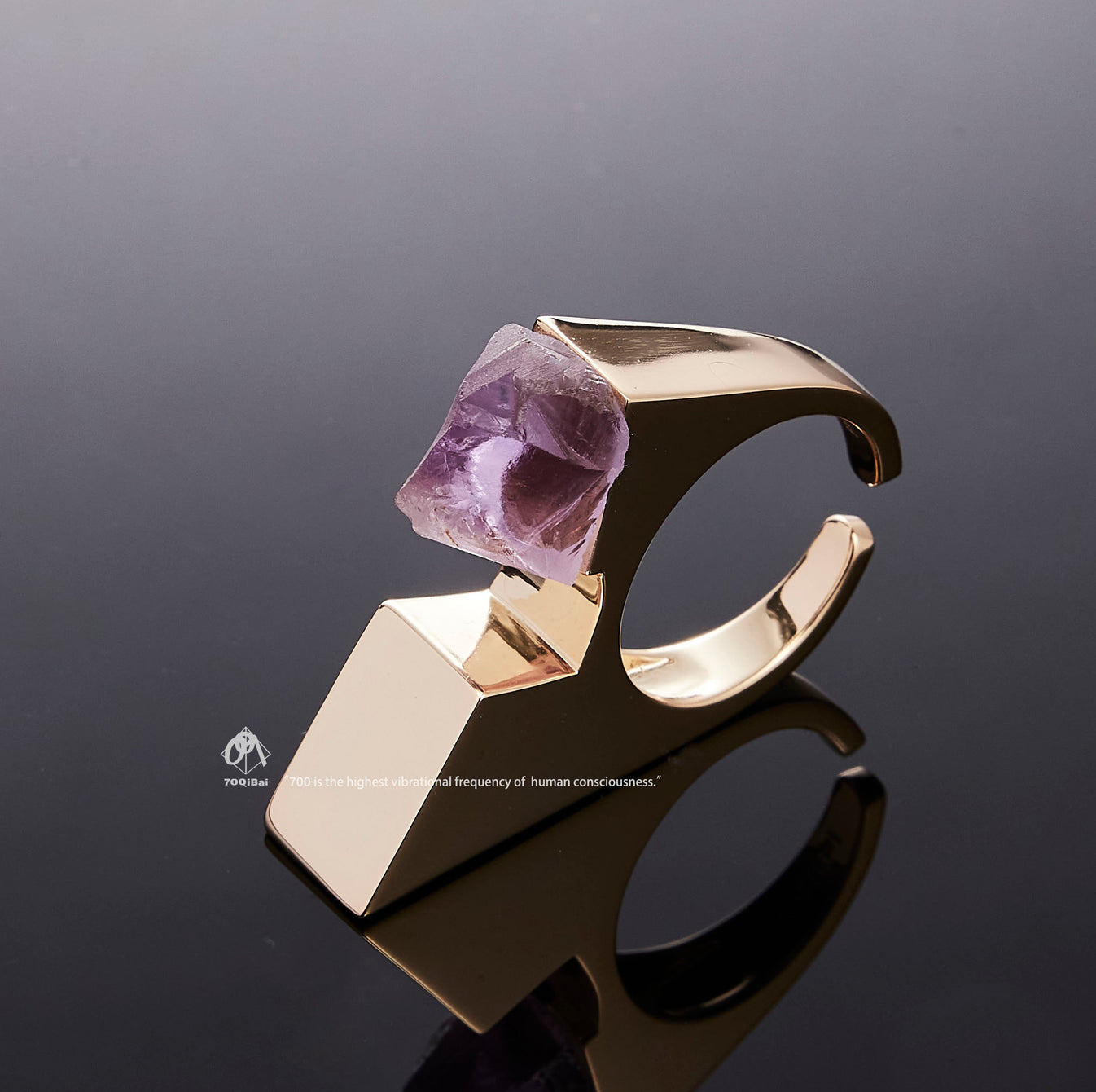 Gold Vertex ring with raw Amethyst crystal detail view by QiBai London