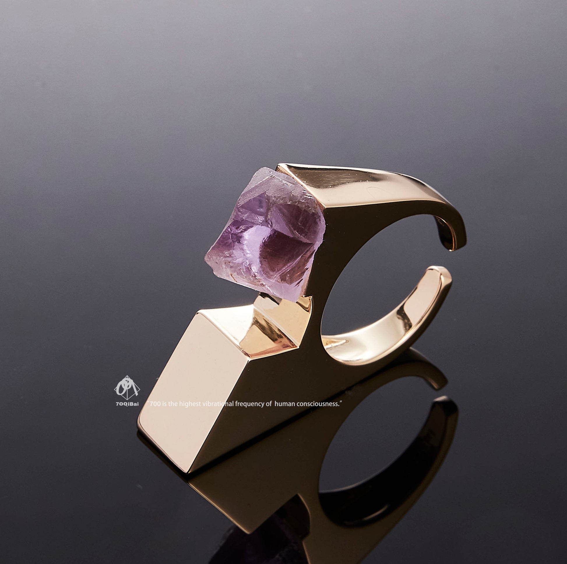 Gold Vertex ring with raw Amethyst crystal detail view by QiBai London