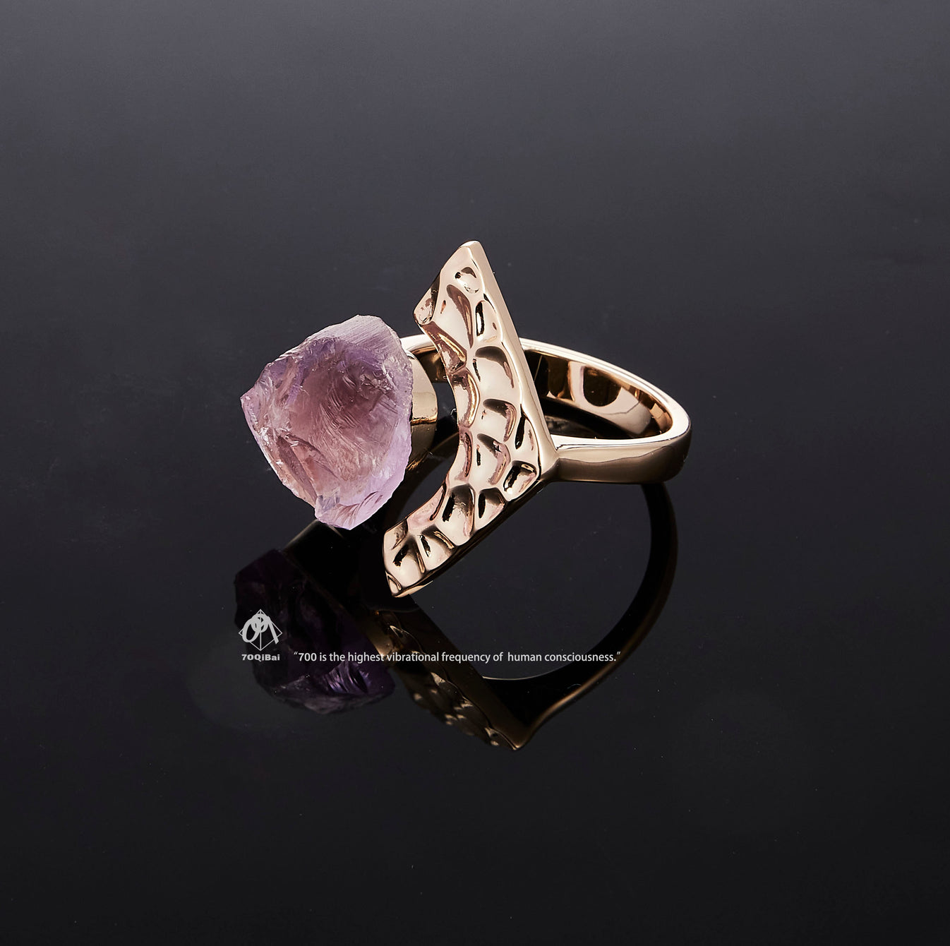 Gold Tectonic Bloom ring with raw Amethyst crystal detail view by QiBai London