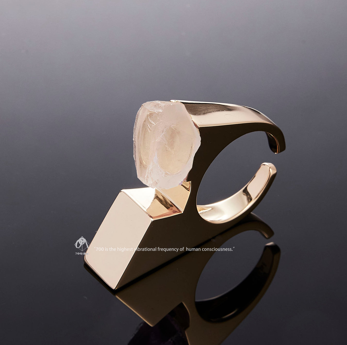 Gold Vertex ring with raw Rose Quartz crystal detail view by QiBai London