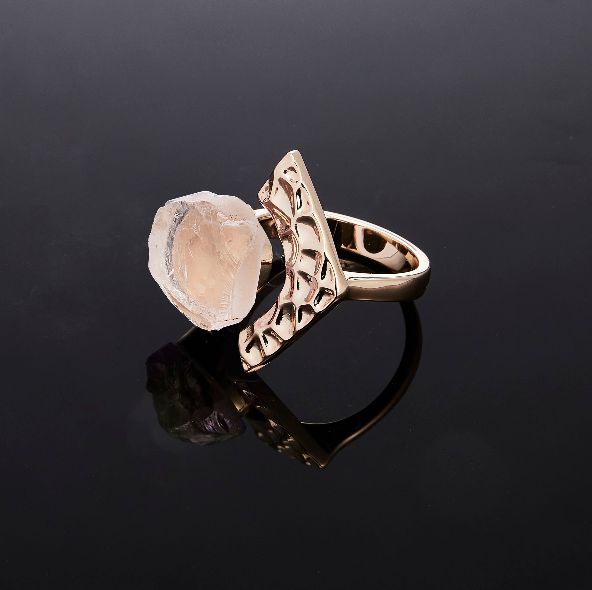 Gold Tectonic Bloom ring with raw Rose Quartz crystal detail view by QiBai London
