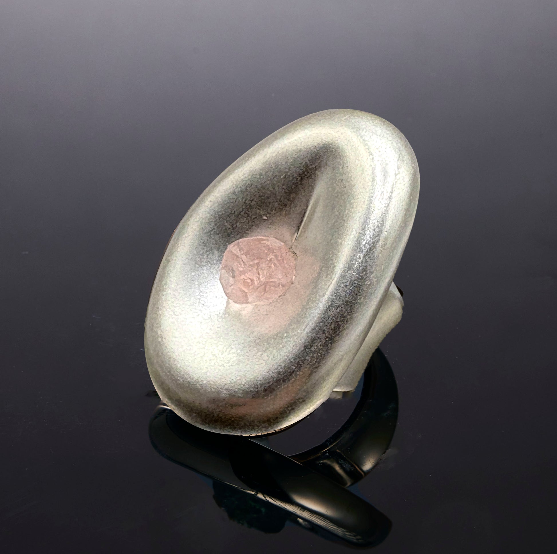 Silver Ovum ring with raw Rose Quartz crystal detail view by QiBai London