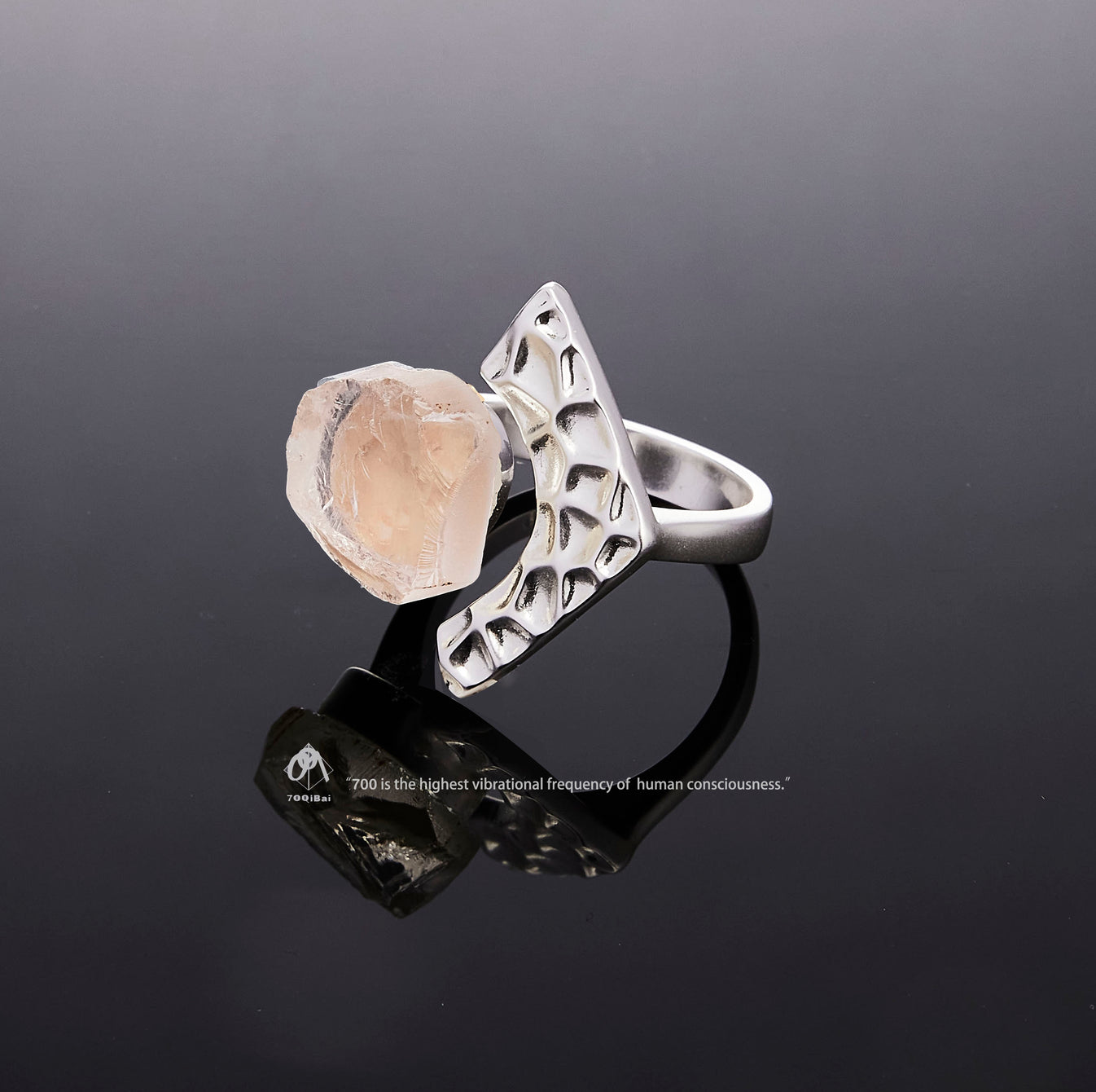 Silver Tectonic Bloom ring with raw Rose Quartz crystal detail view by QiBai London