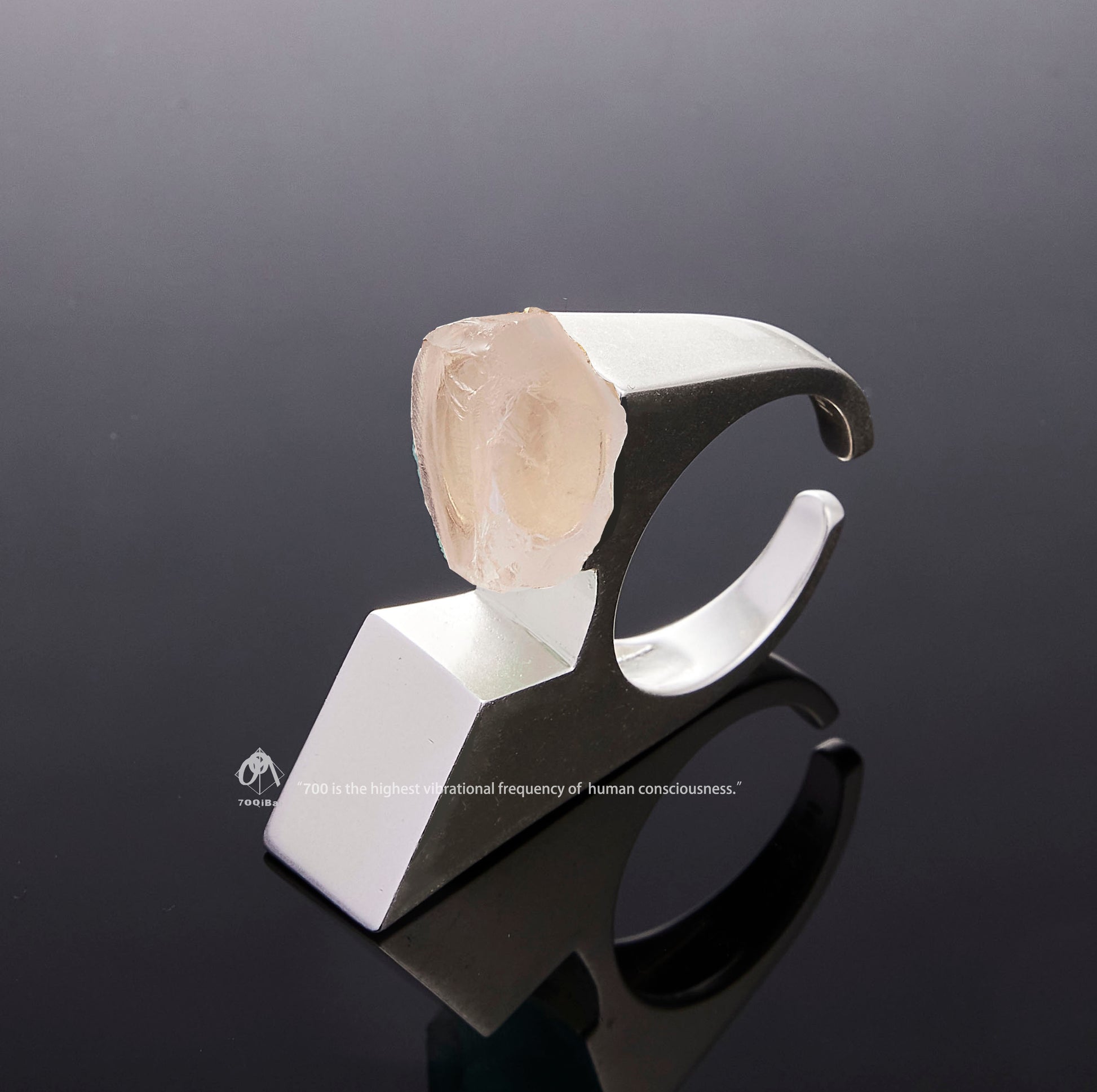 Silver Vertex ring with raw Rose Quartz crystal detail view by QiBai London