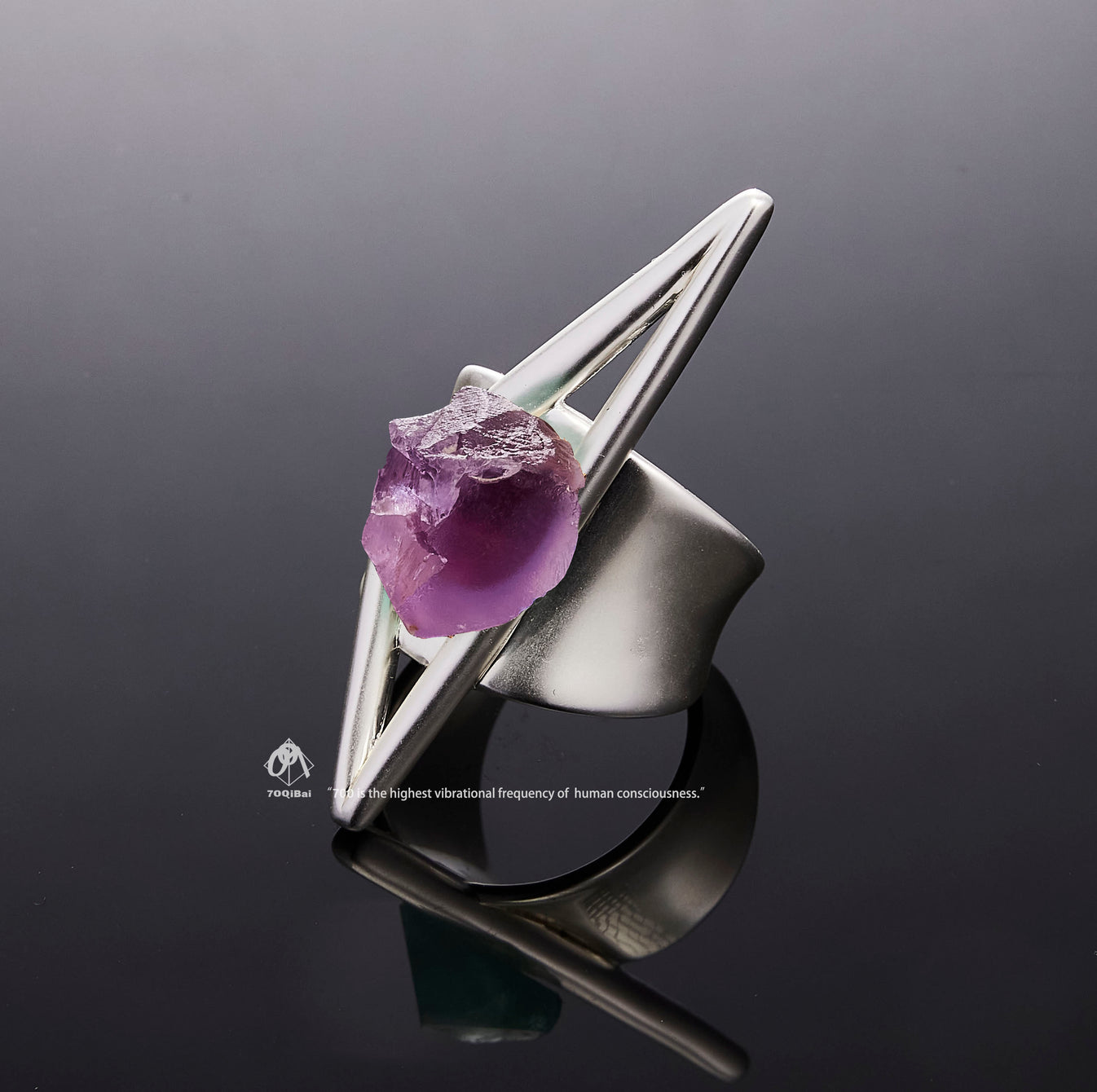 Silver Vector I ring with raw Amethyst crystal detail view by QiBai London