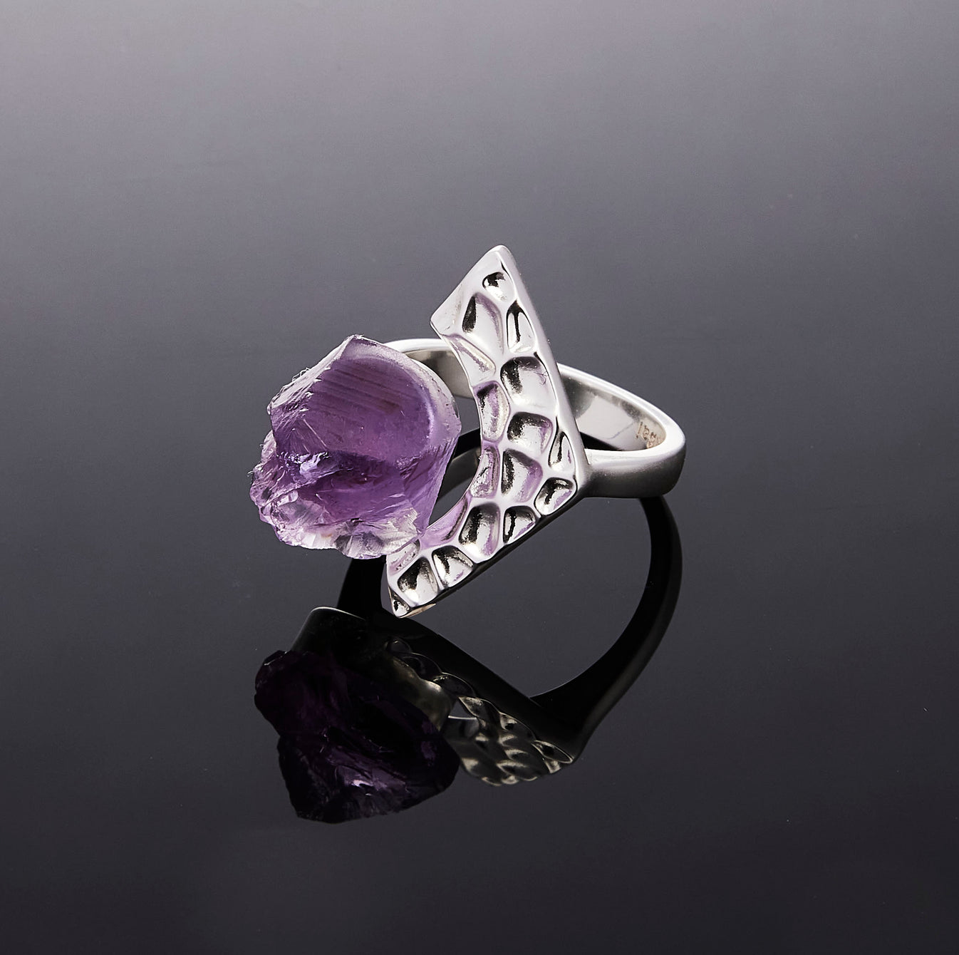 Silver Tectonic Bloom ring with raw Amethyst crystal detail view by QiBai London