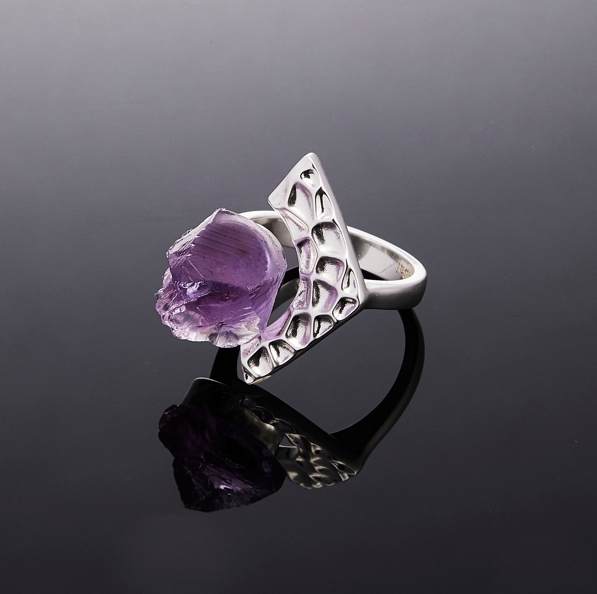 Silver Tectonic Bloom ring with raw Amethyst crystal detail view by QiBai London