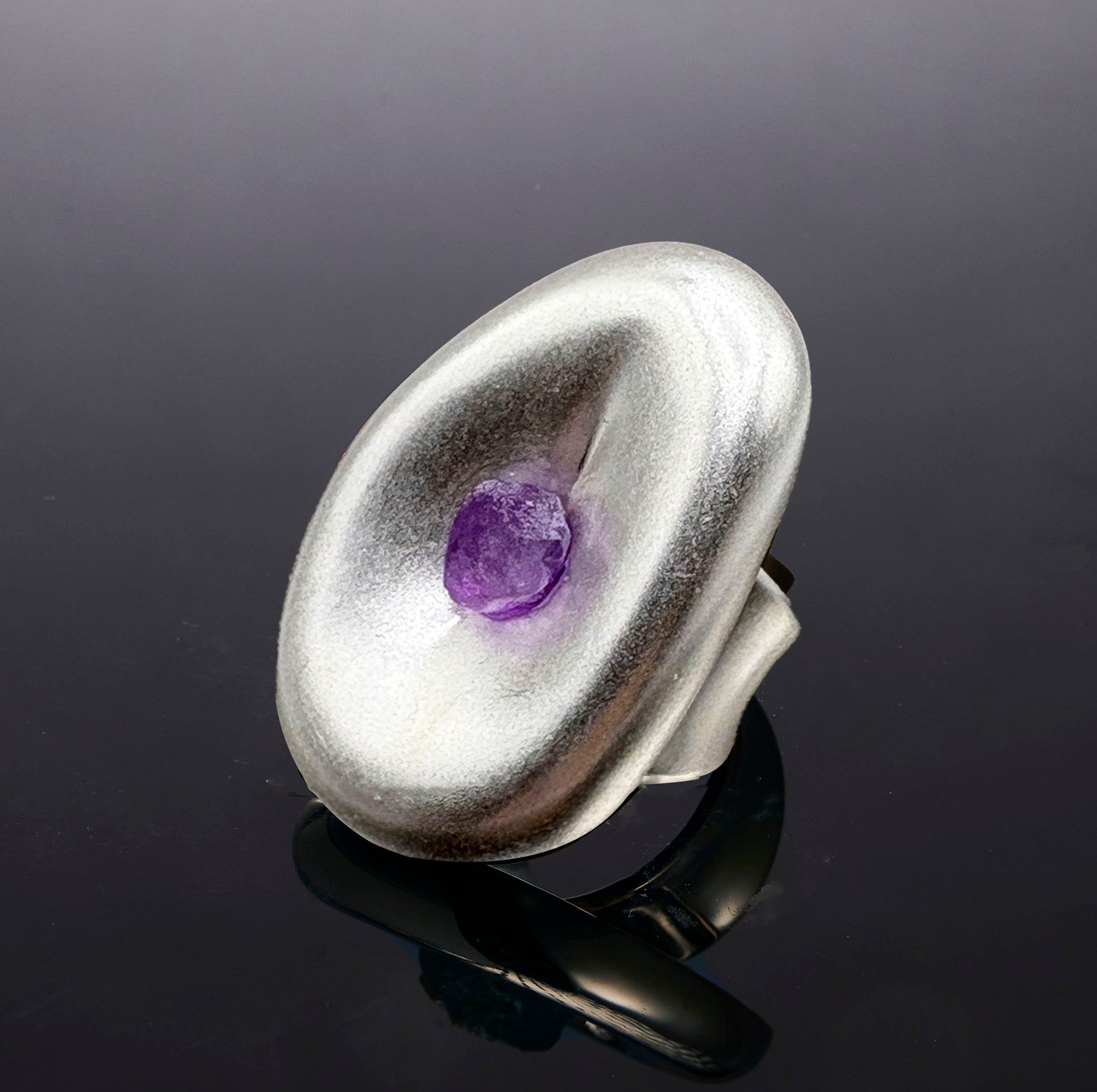 Silver Ovum ring with raw Amethyst crystal detail view by QiBai London