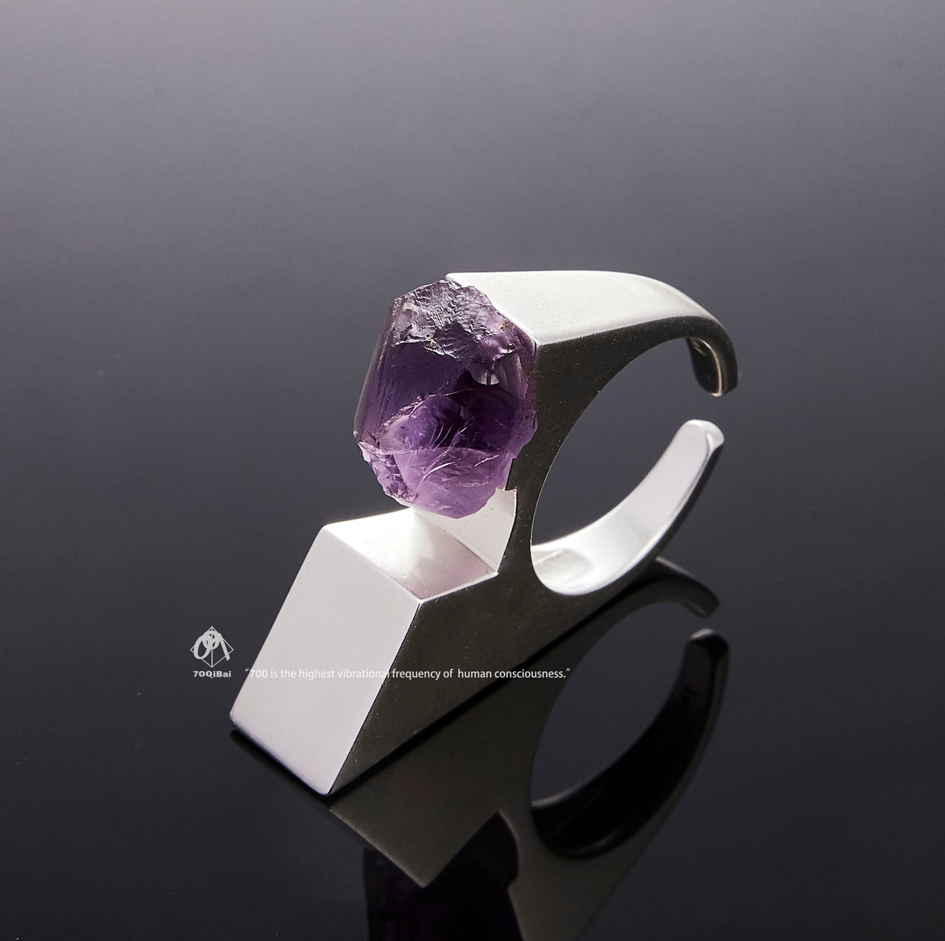 Silver Vertex ring with raw Amethyst crystal detail view by QiBai London