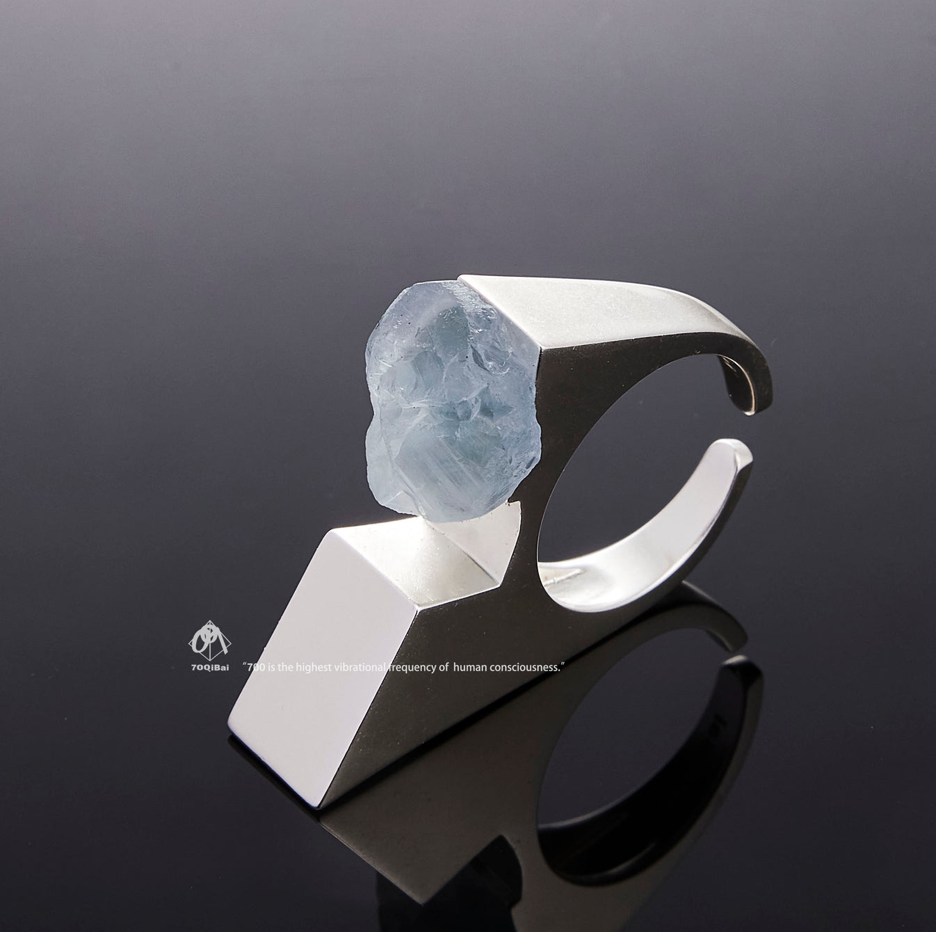 Silver Vertex ring with raw Kyanite crystal detail view by QiBai London