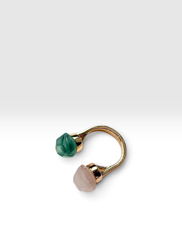 Gold Echo Ring with green fluorite and pink crystal by QiBai London