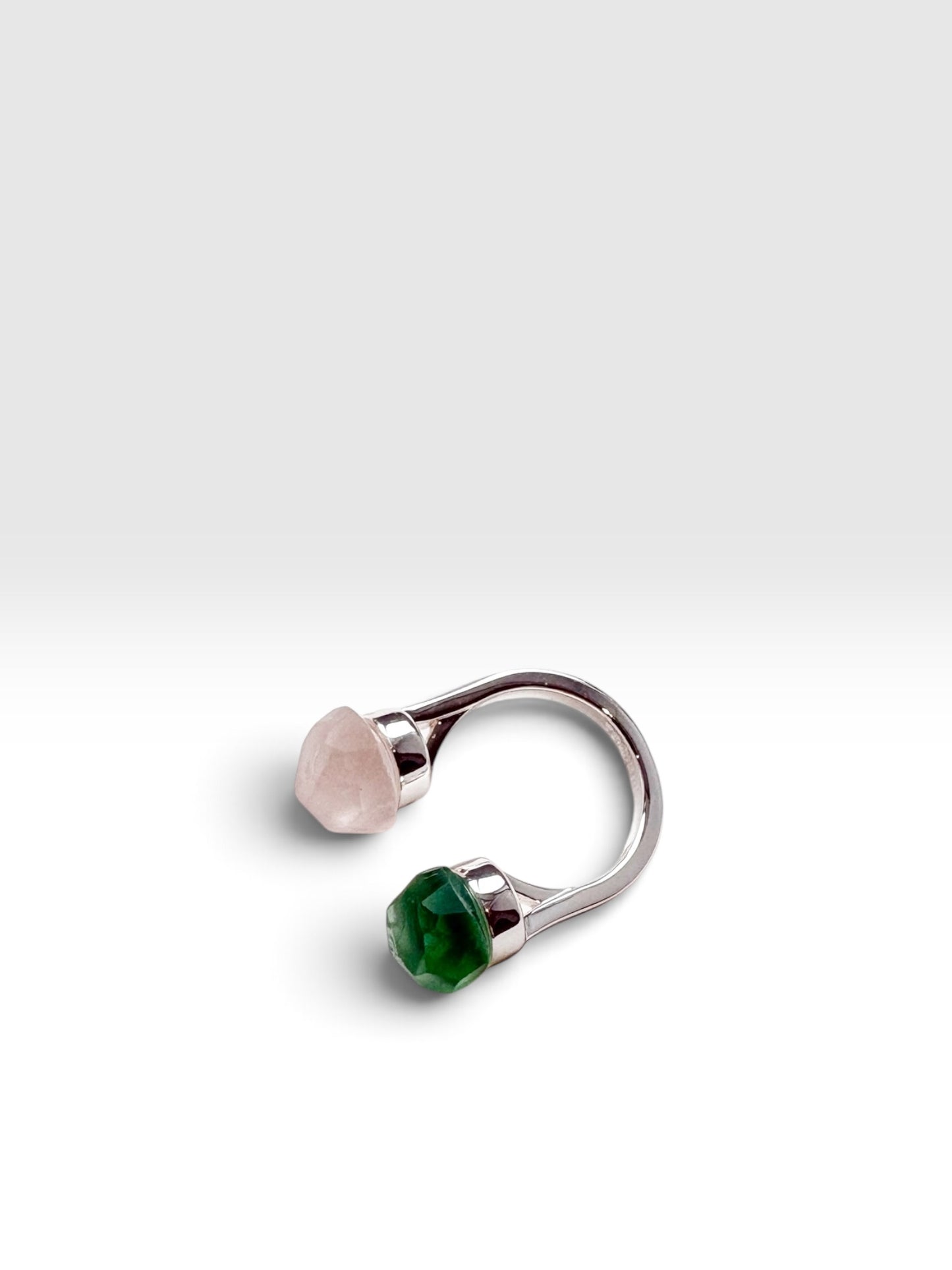 Silver Echo Ring with green fluorite and pink crystal by QiBai London