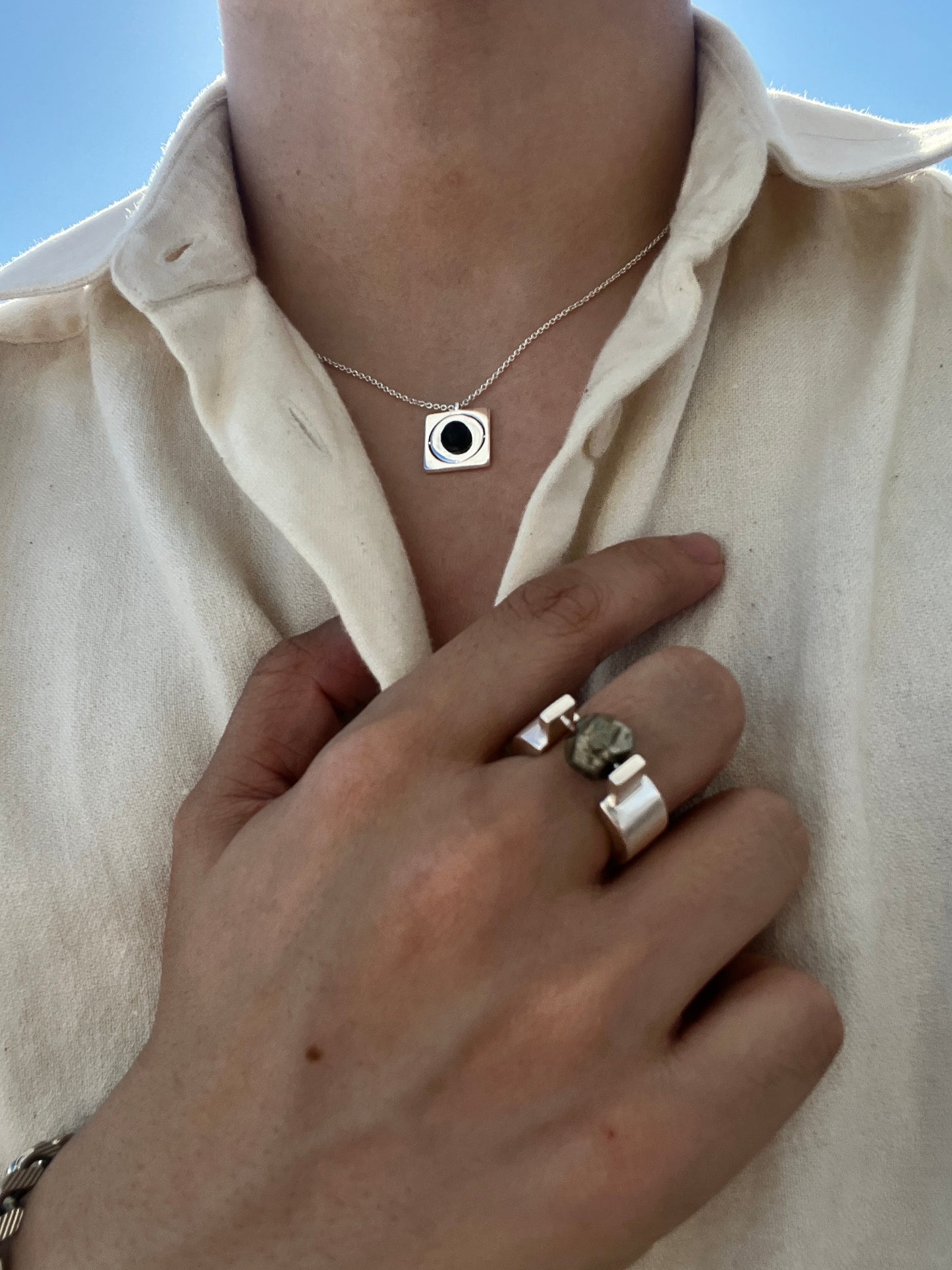 Silver Starrr necklace with raw Clear Quartz crystal detail view by QiBai London