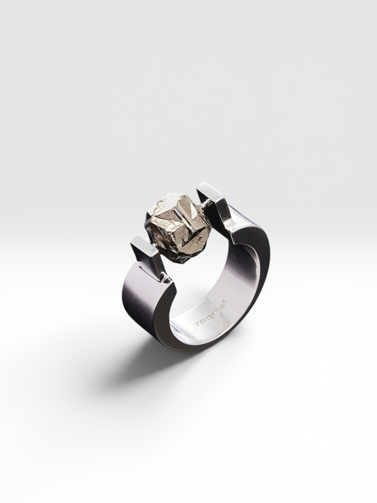 Silver Calibrator ring with Colombian Cross-shaped Pyrite front view by QiBai London