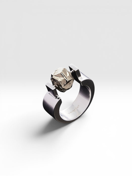 Silver Calibrator ring with Colombian Cross-shaped Pyrite front view by QiBai London