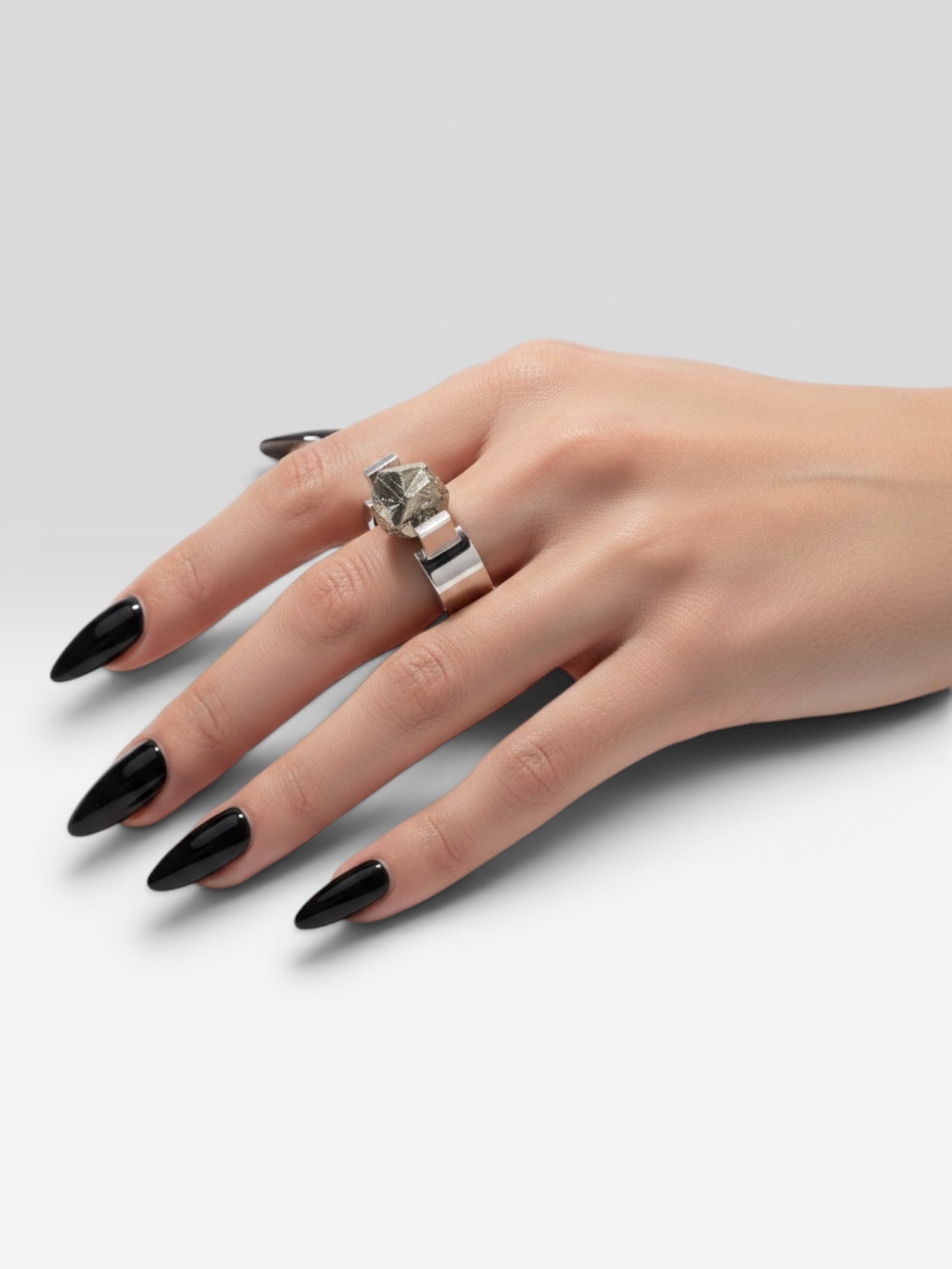 Silver Calibrator ring with Colombian Cross-shaped Pyrite detail view by QiBai London