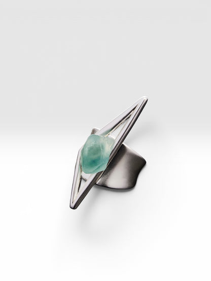 Silver Vector I ring with raw Fluorite crystal front view by QiBai London