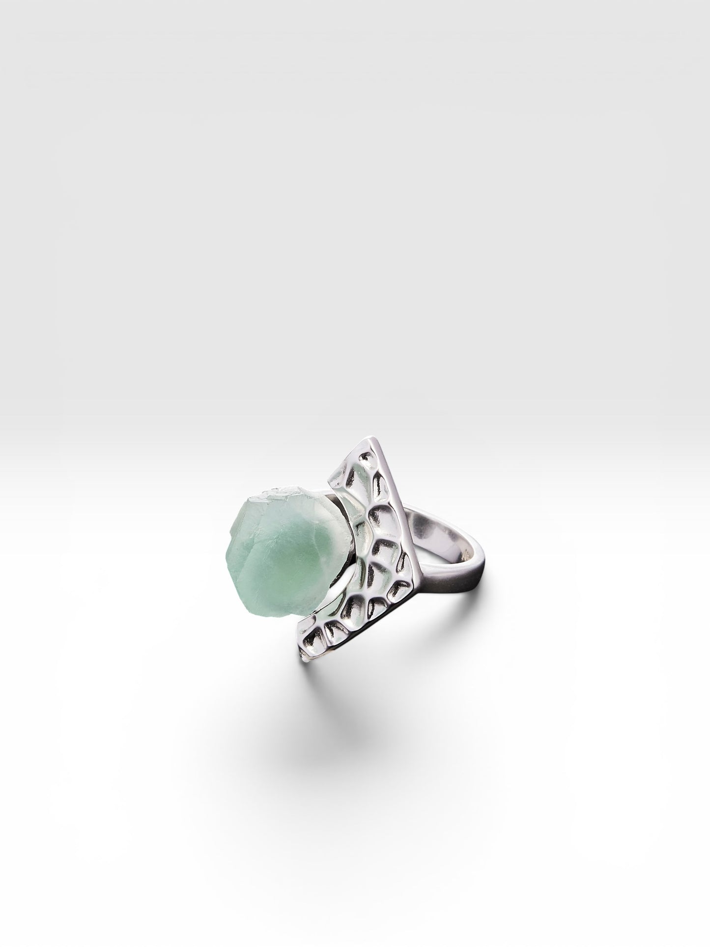 Silver Tectonic Bloom ring with raw Fluorite crystal front view by QiBai London