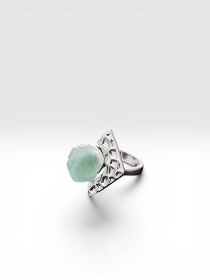 Silver Tectonic Bloom ring with raw Fluorite crystal front view by QiBai London