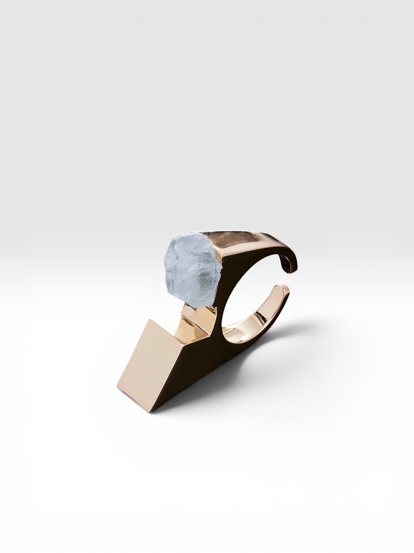 Gold Vertex ring with raw Kyanite crystal front view by QiBai London