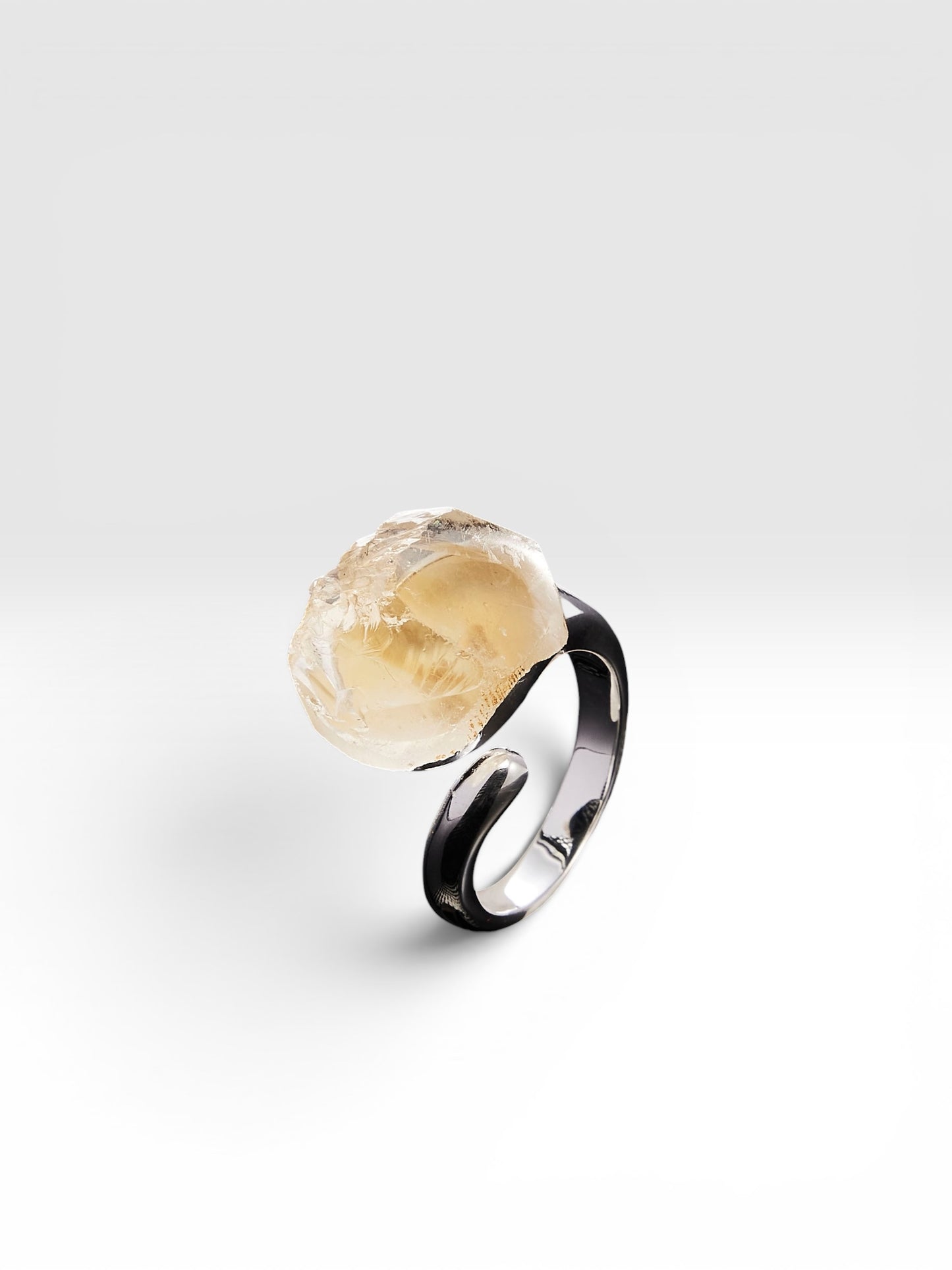 Silver Spria ring with raw Citrine crystal front view by QiBai London