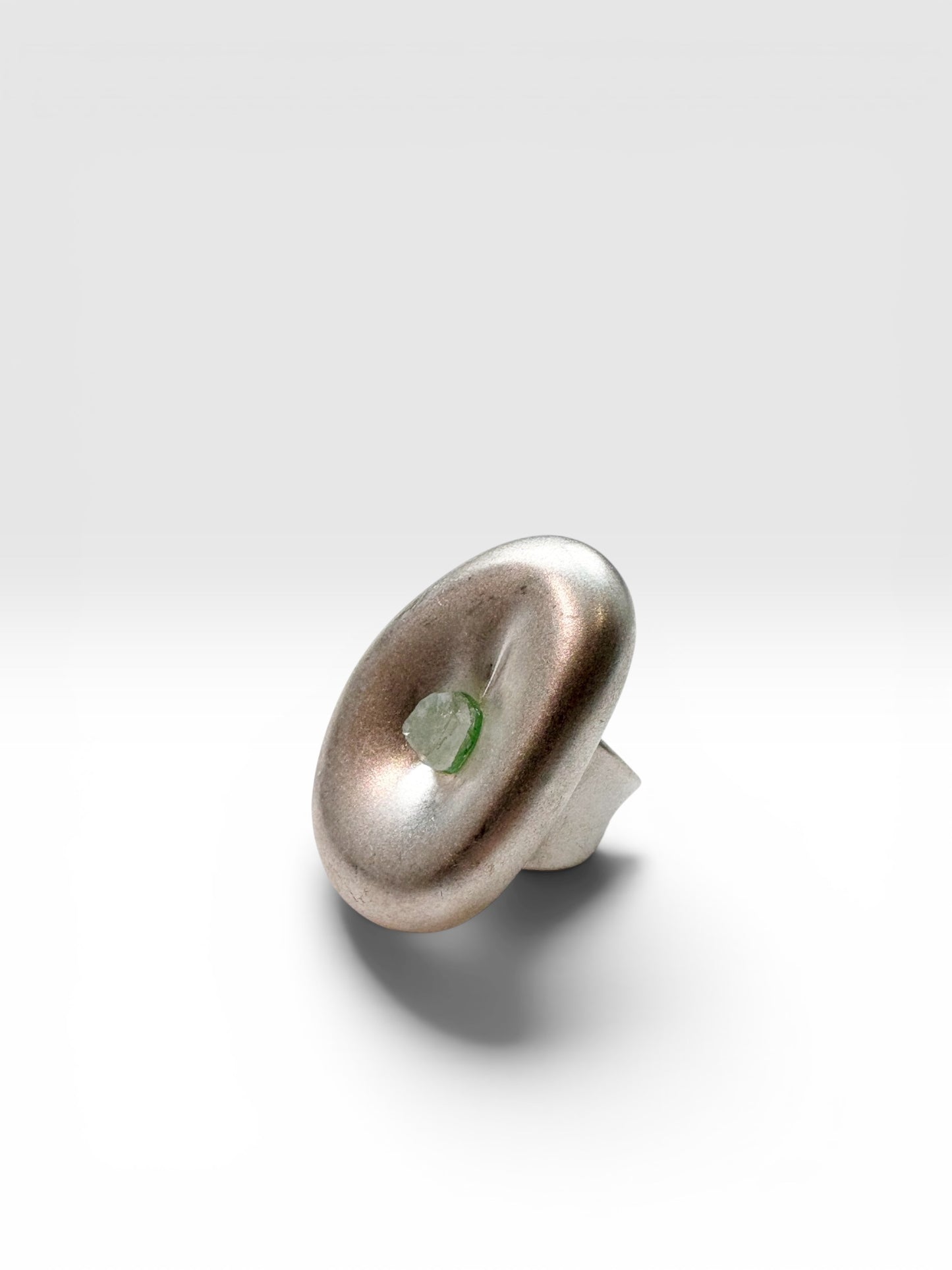 Silver Ovum ring with raw Blue Aragonite crystal front view by QiBai London