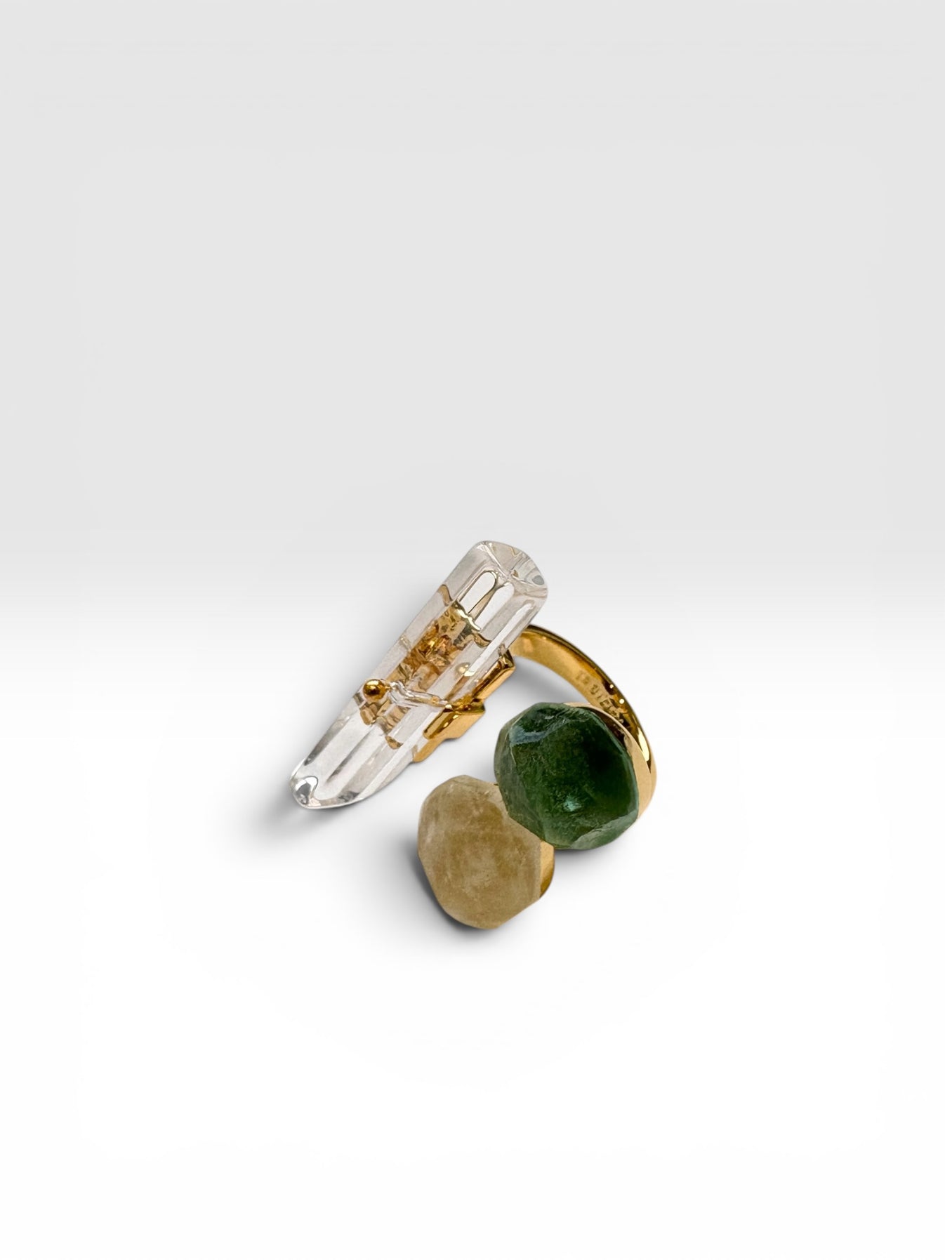 Gold Triple Crystal Ring with green fluorite, citrine and Clear Quartz by QiBai London