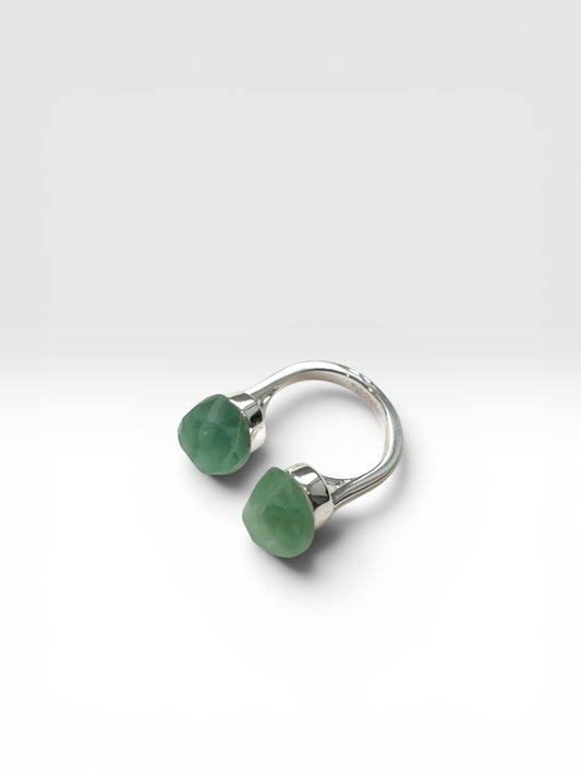 Silver Echo Ring with raw Fluorite crystal front view by QiBai London