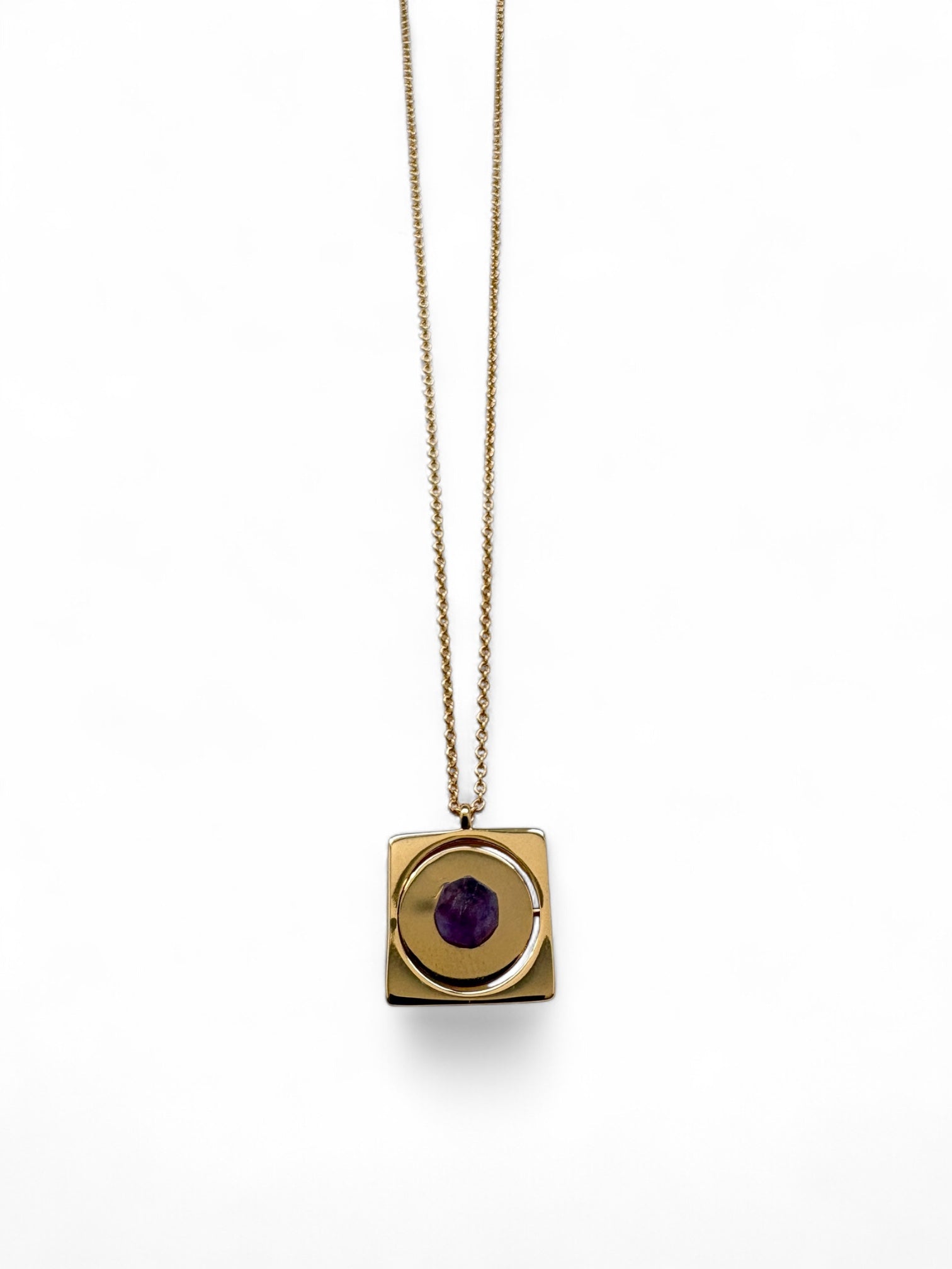 Gold Starrr necklace with raw Amethyst crystal detail view by QiBai London