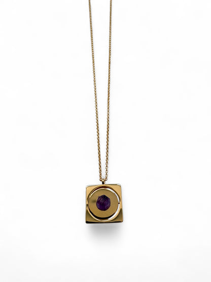Gold Starrr necklace with raw Amethyst crystal detail view by QiBai London