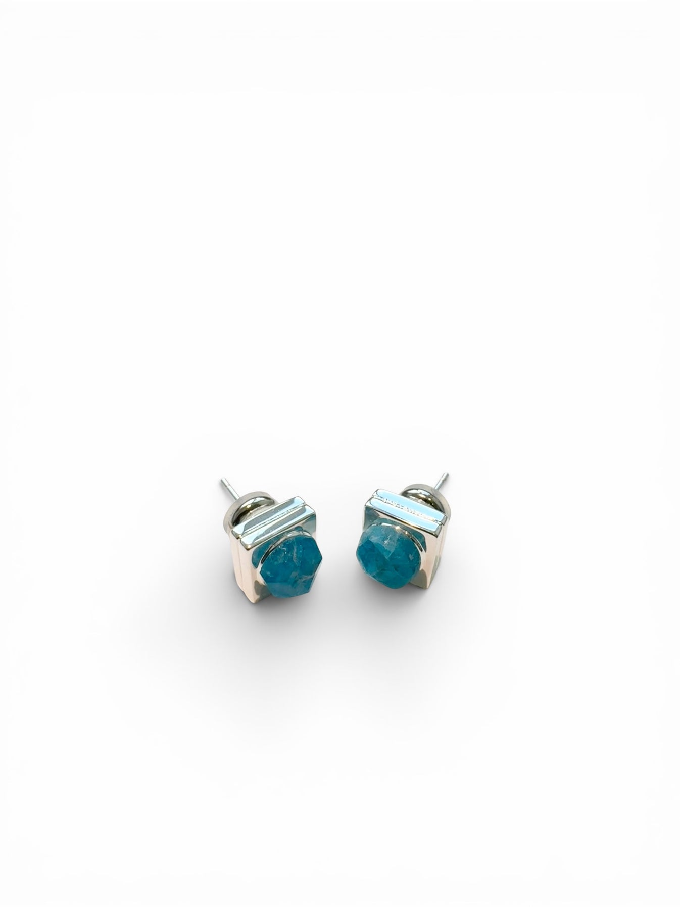 Silver cube stud earrings with raw Kyanite crystal front view by QiBai London
