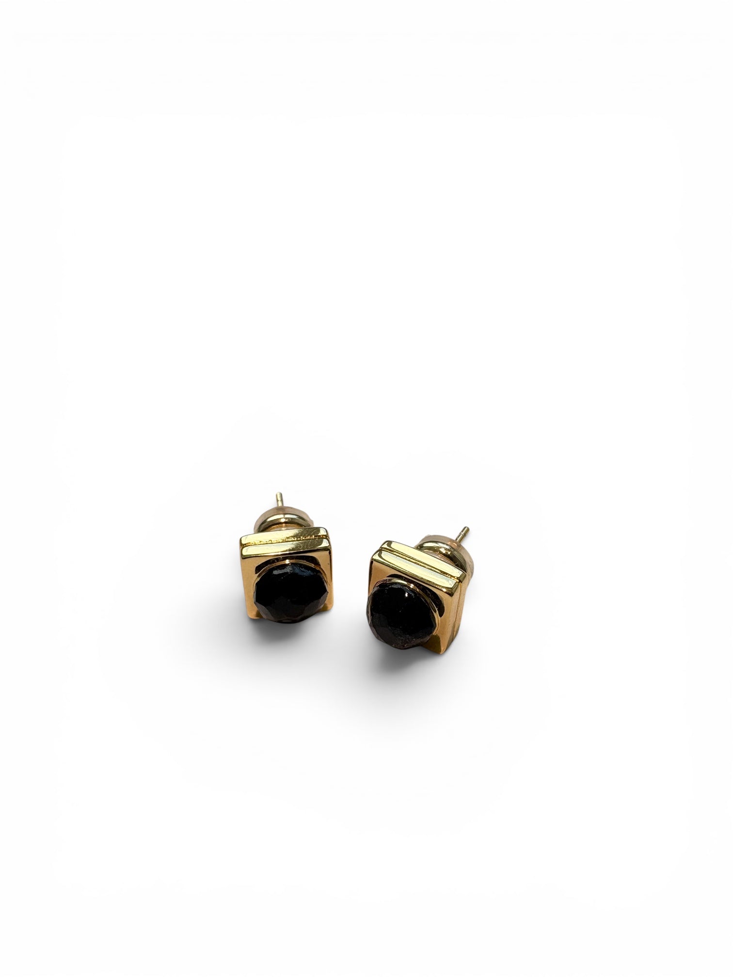 Gold cube stud earrings with Obsidian front view by QiBai London