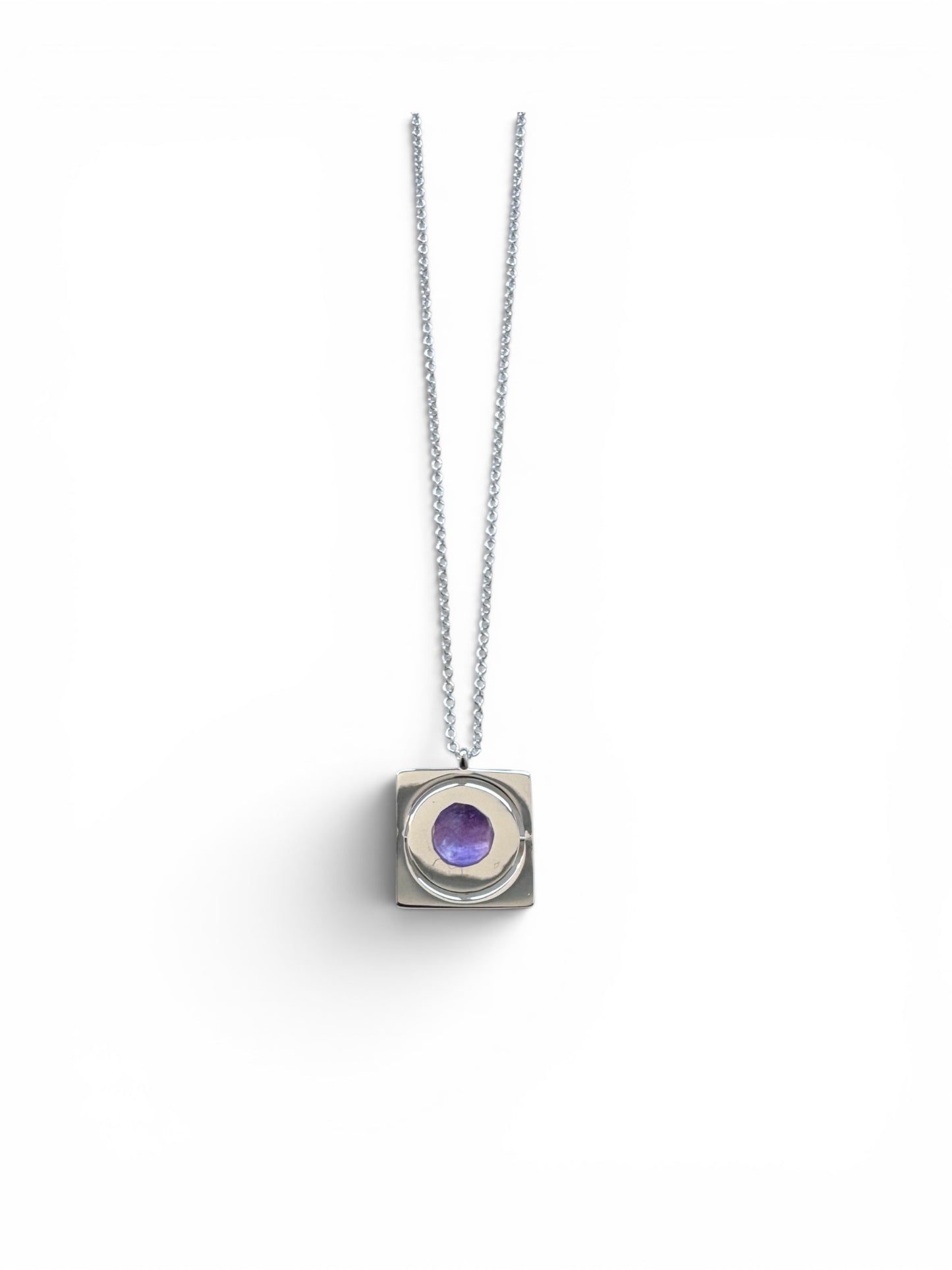 Silver Starrr necklace with raw Amethyst crystal front view by QiBai London