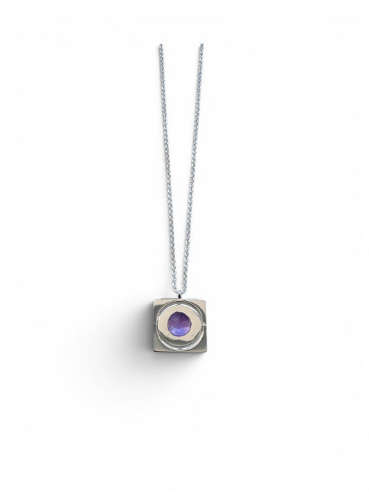 Silver Starrr necklace with raw Amethyst crystal front view by QiBai London