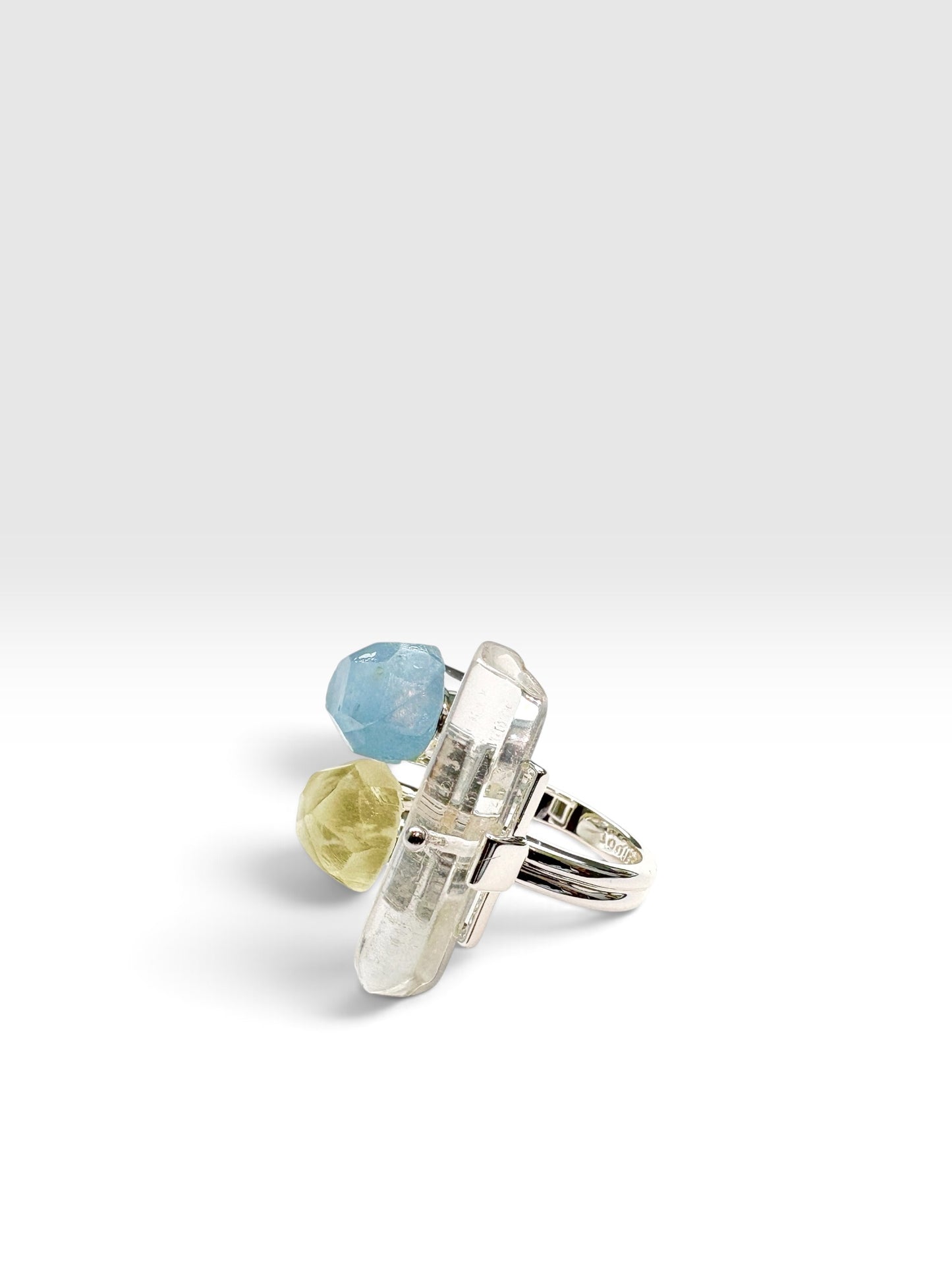 Silver Triple Crystal Ring with kyanite, citrine and Clear Quartz by QiBai London