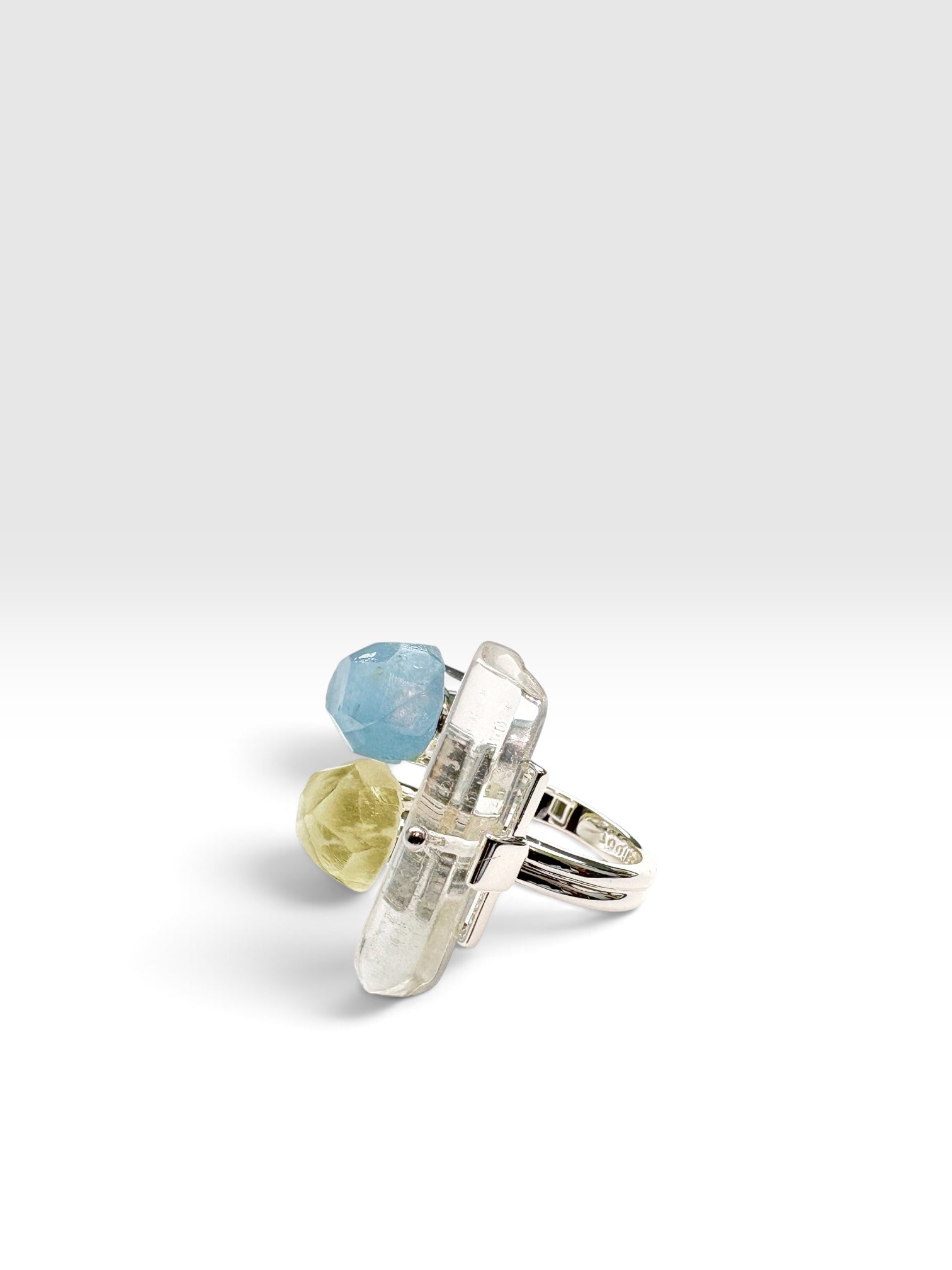 Silver Triple Crystal Ring with kyanite, citrine and Clear Quartz by QiBai London